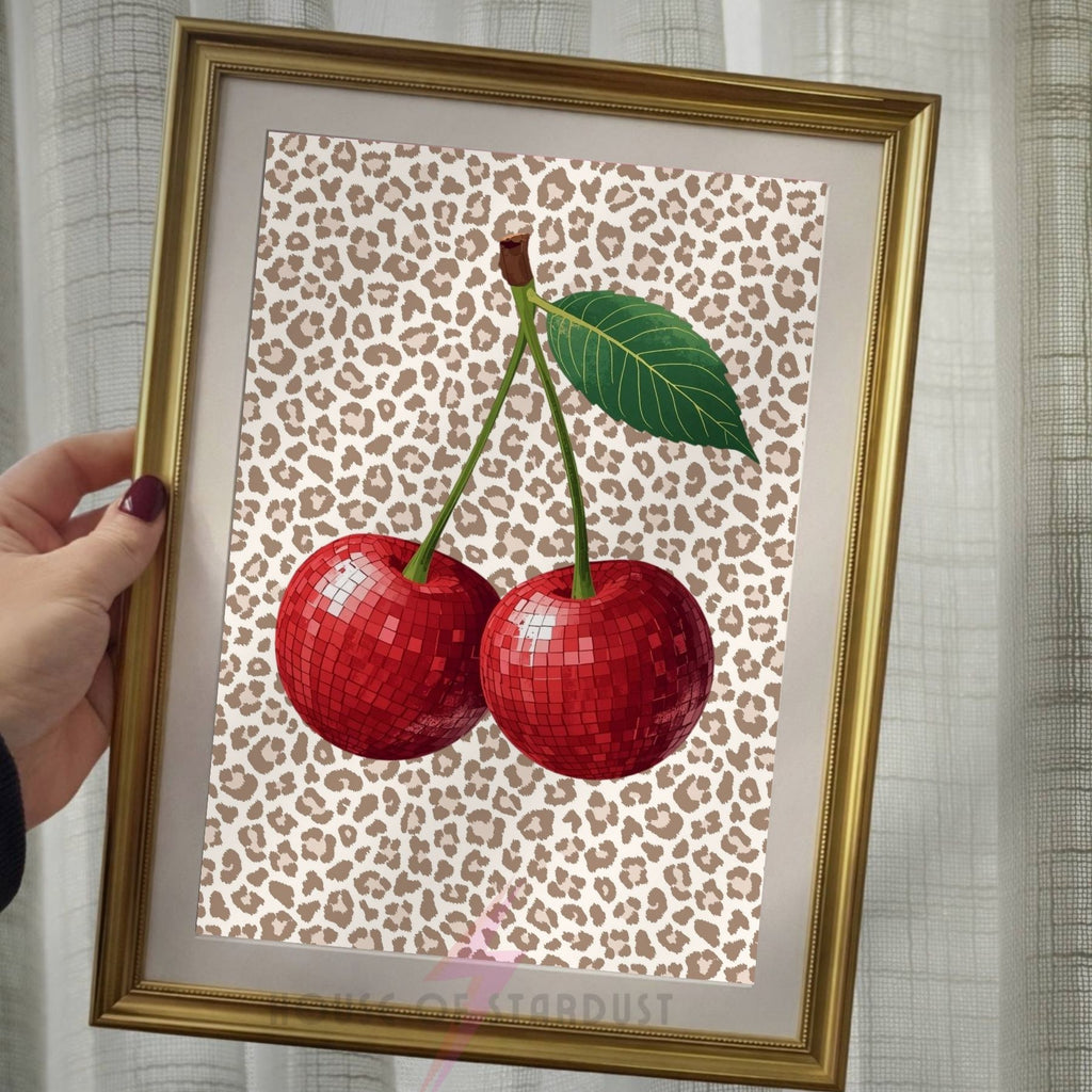 Disco Cherry Wall Art Print | Leopard Print emo Cherries Poster | Coquette Kitchen Decor | Maximalist Fruit Wall Art | Dopamine Decor A4 A3 A5 A1 A2