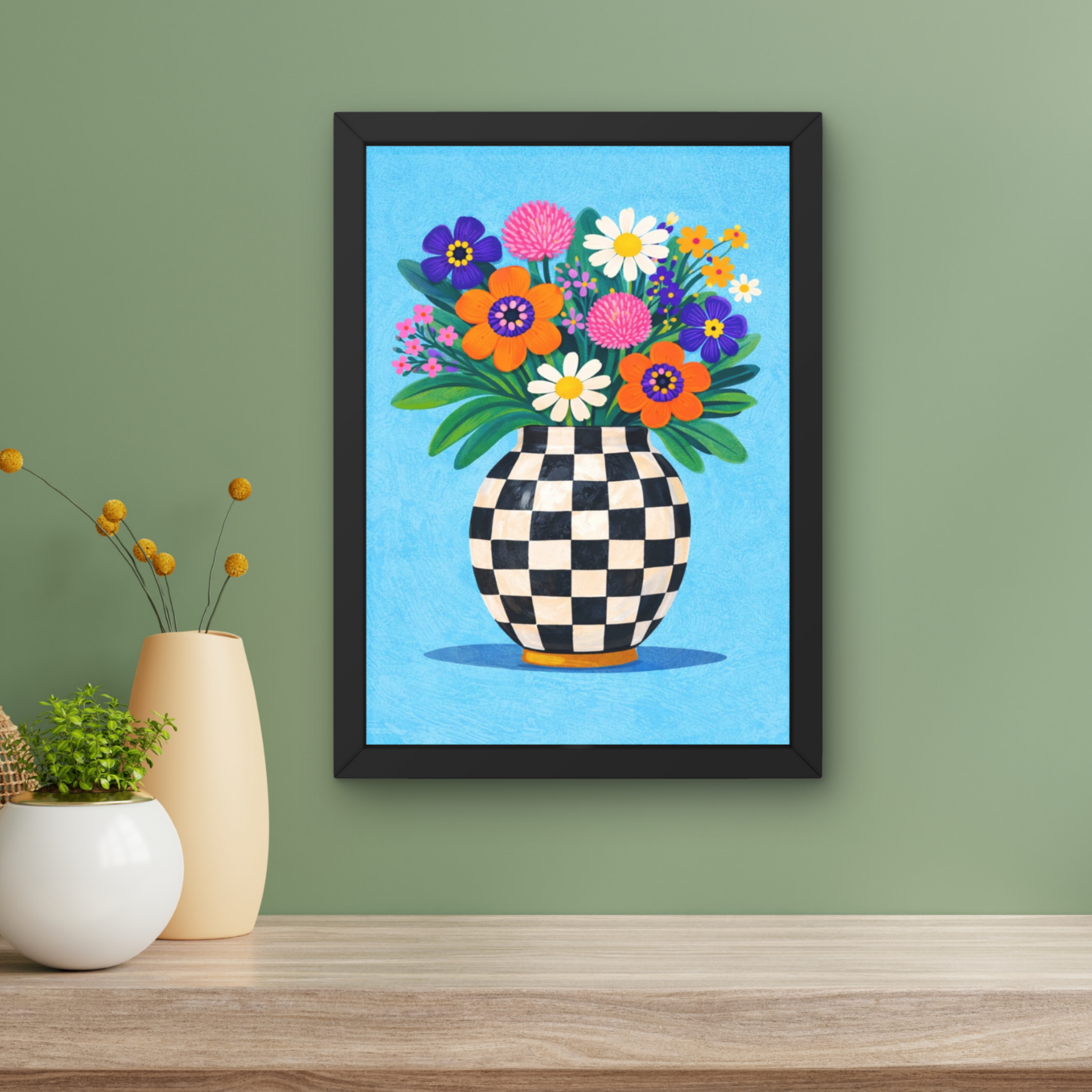 Bold blue checkerboard | Funky floral blooms flower print
