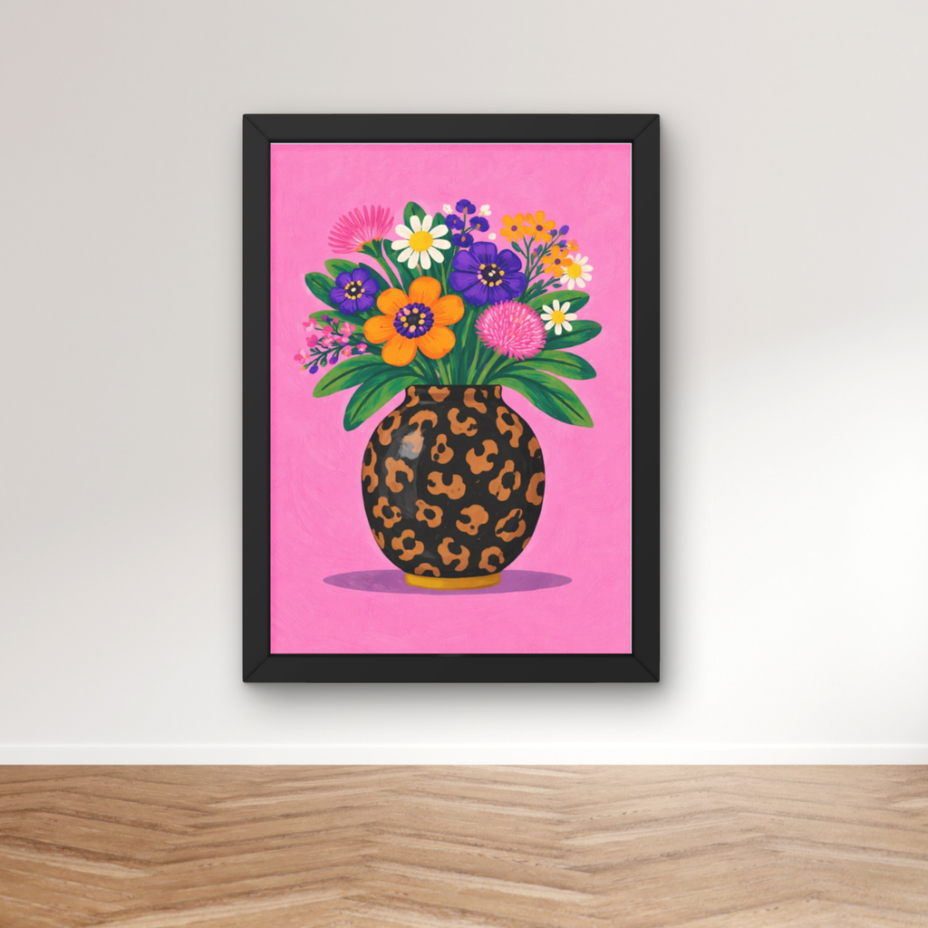 Bold pink leopard print | Funky floral blooms flower print