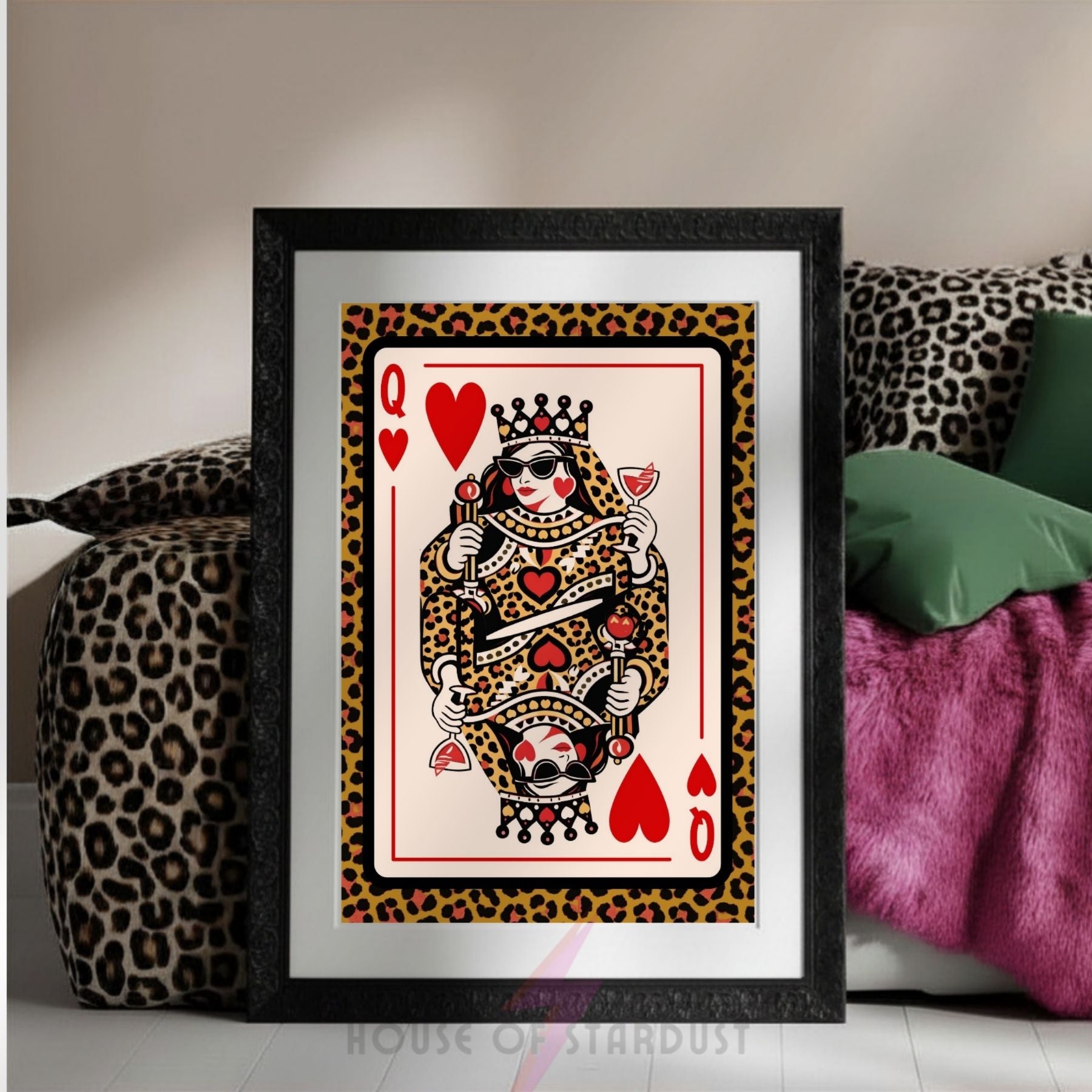 Leopard Print Queen of Hearts Wall Art | Playing Card Poster | Maximalist Decor | Funky Gallery Wall Print | Eclectic Home Decor | Dopamine walls A4 A3 A5 A1 A2