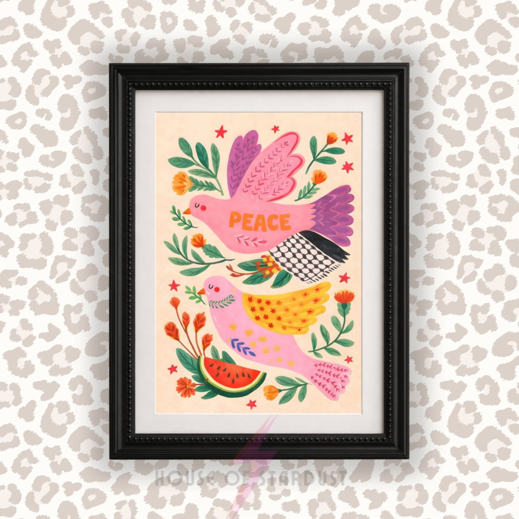 Watermelon Peace Dove Wall Art Print | Free Palestine Charity Art Poster | Folk Art Bird Illustration | Colourful Floral Peace Decor | Meaningful Boho Wall Art walls A4 A3 A5 A1 A2