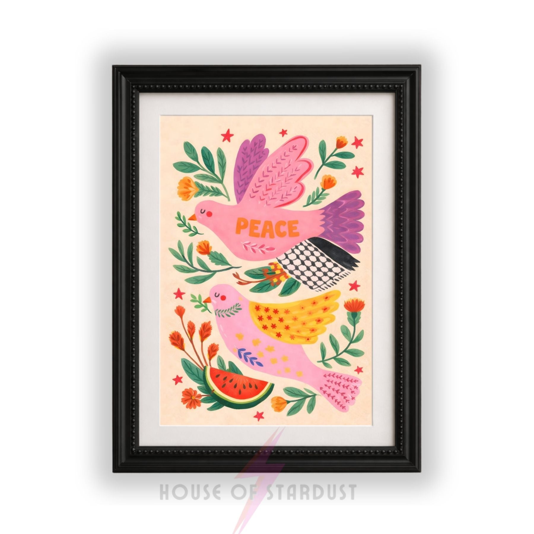 Watermelon Peace Dove Wall Art Print | Free Palestine Charity Art Poster | Folk Art Bird Illustration | Colourful Floral Peace Decor | Meaningful Boho Wall Art walls A4 A3 A5 A1 A2