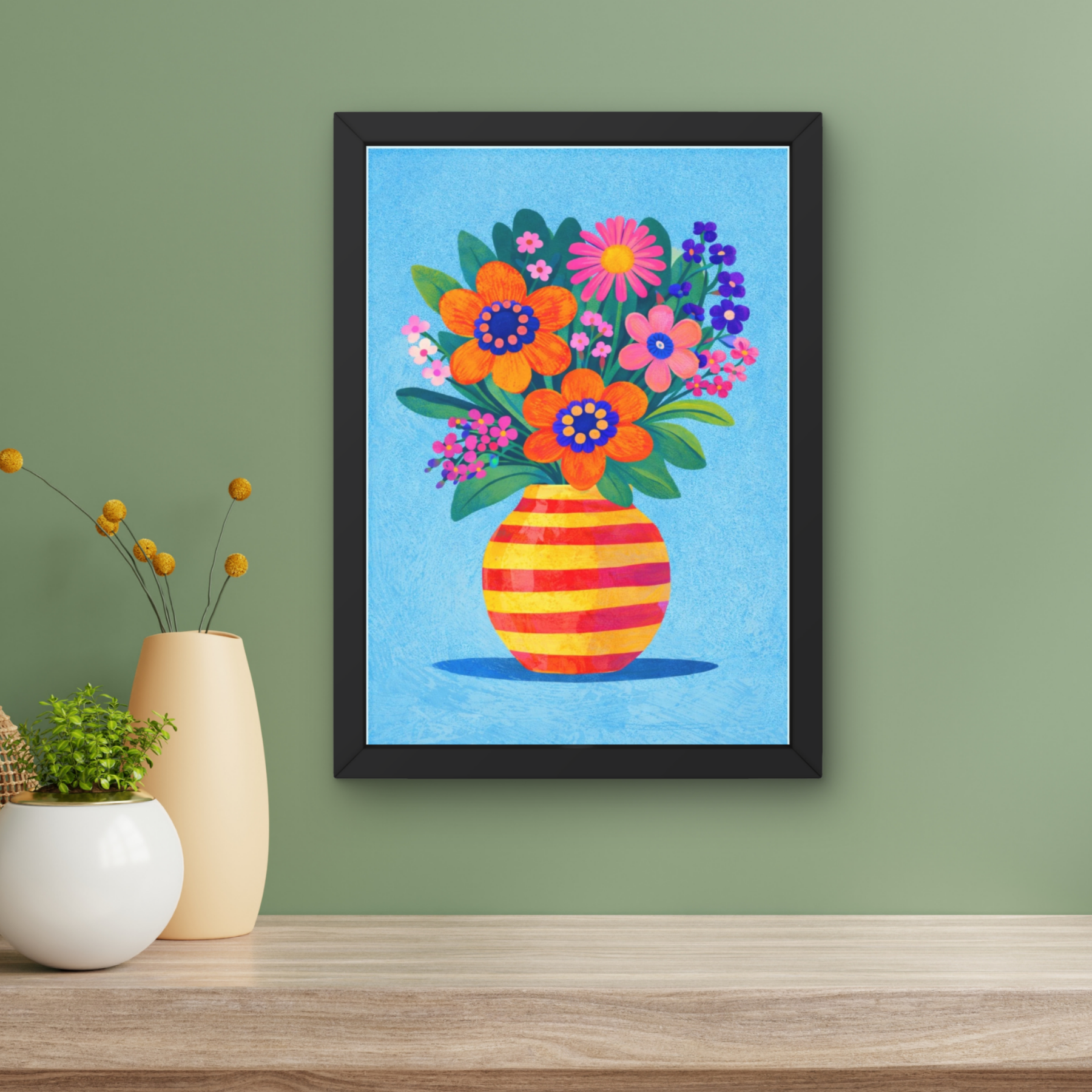 Bold blue stripes | Funky floral blooms flower print