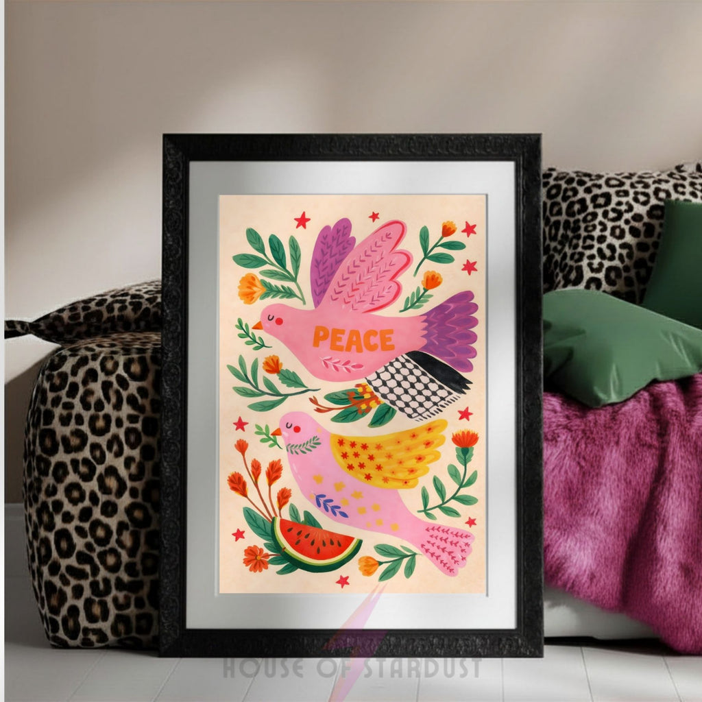 Watermelon Peace Dove Wall Art Print | Free Palestine Charity Art Poster | Folk Art Bird Illustration | Colourful Floral Peace Decor | Meaningful Boho Wall Art walls A4 A3 A5 A1 A2