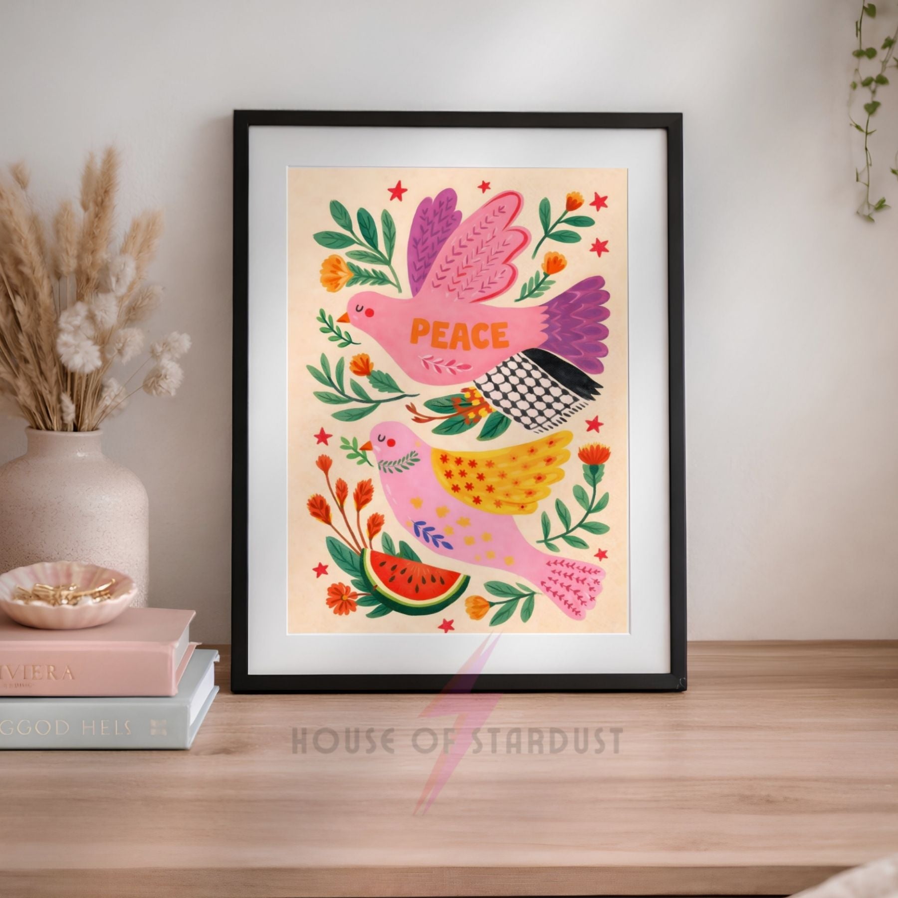 Watermelon Peace Dove Wall Art Print | Free Palestine Charity Art Poster | Folk Art Bird Illustration | Colourful Floral Peace Decor | Meaningful Boho Wall Art walls A4 A3 A5 A1 A2