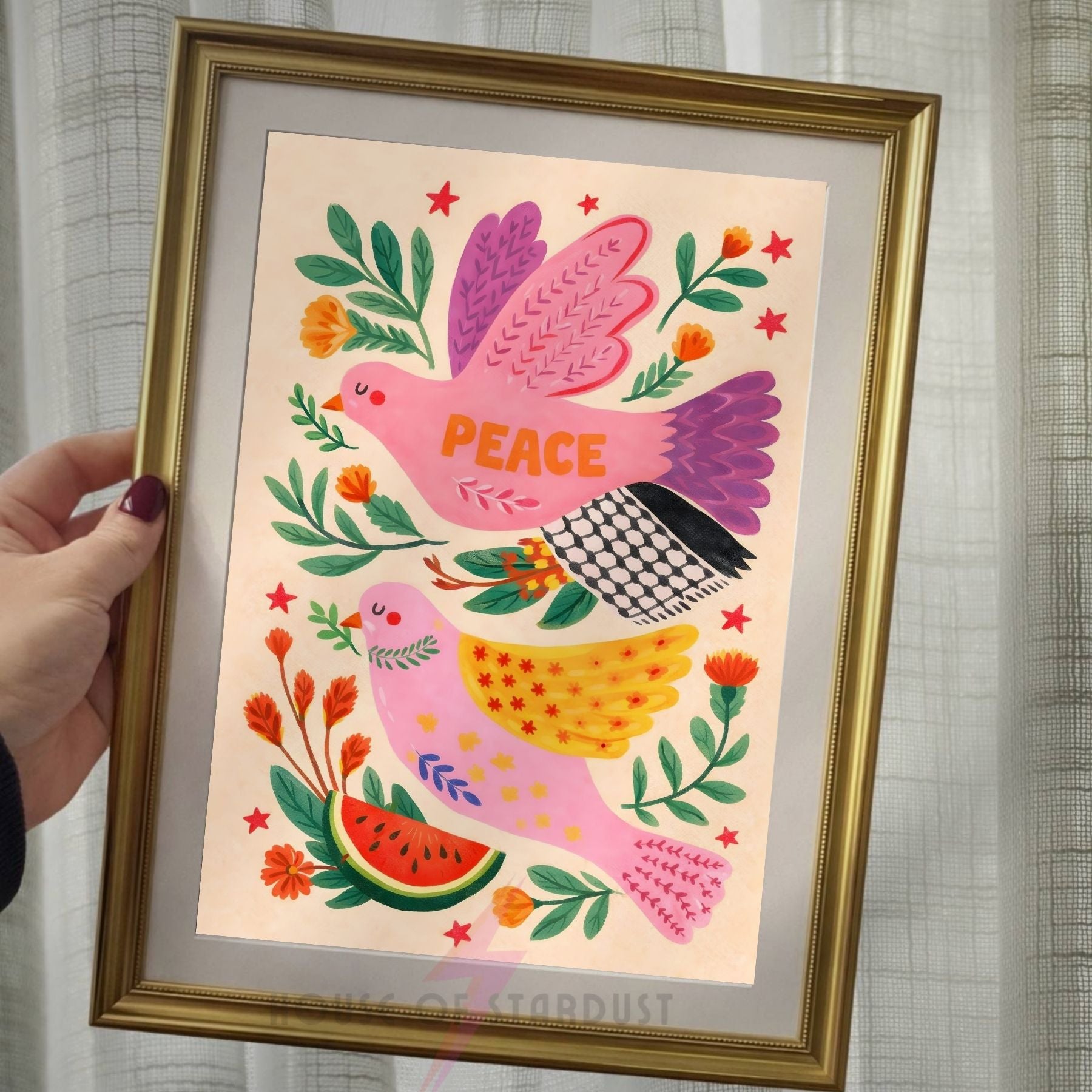 Watermelon Peace Dove Wall Art Print | Free Palestine Charity Art Poster | Folk Art Bird Illustration | Colourful Floral Peace Decor | Meaningful Boho Wall Art walls A4 A3 A5 A1 A2