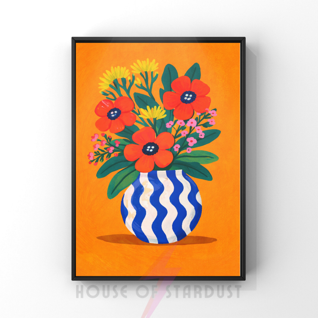 Bold orange wavy | Funky floral blooms flower print