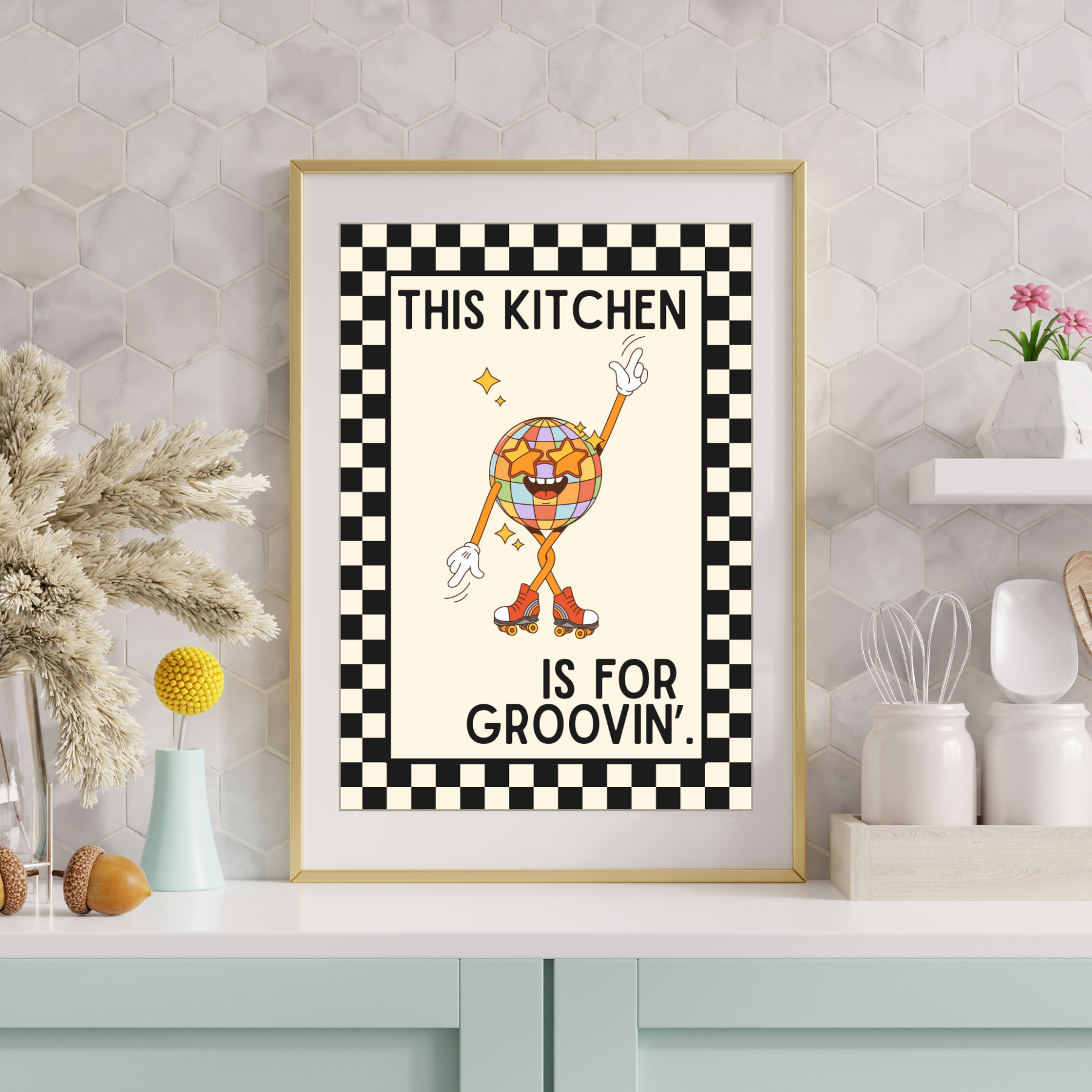 Kitchen is for groovin' | inspired Kitsch Kitchen checkerboard retro collection print
