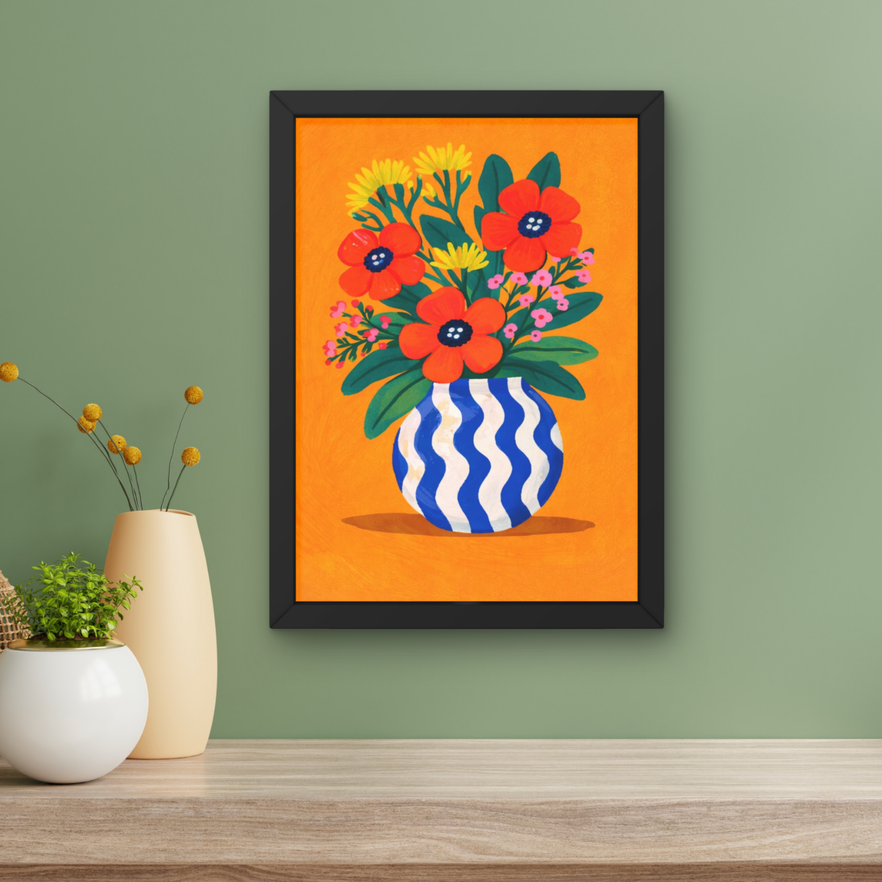 Bold orange wavy | Funky floral blooms flower print