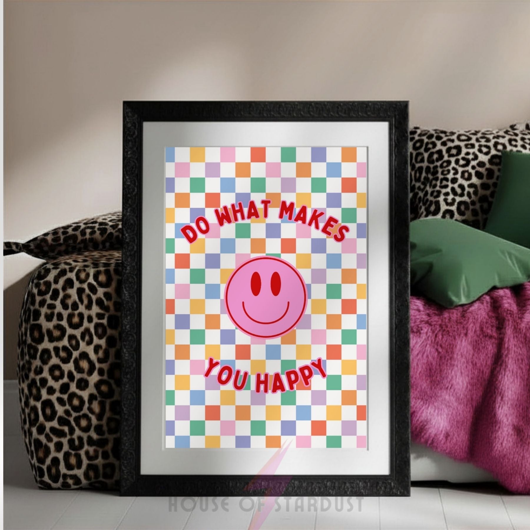 What Makes You Happy Wall Art Print | Smiley Face Poster | Positive Mental Health Decor | home Wall Art | Colourful Retro Quote Print| Dopamine walls A4 A3 A5 A1 A2