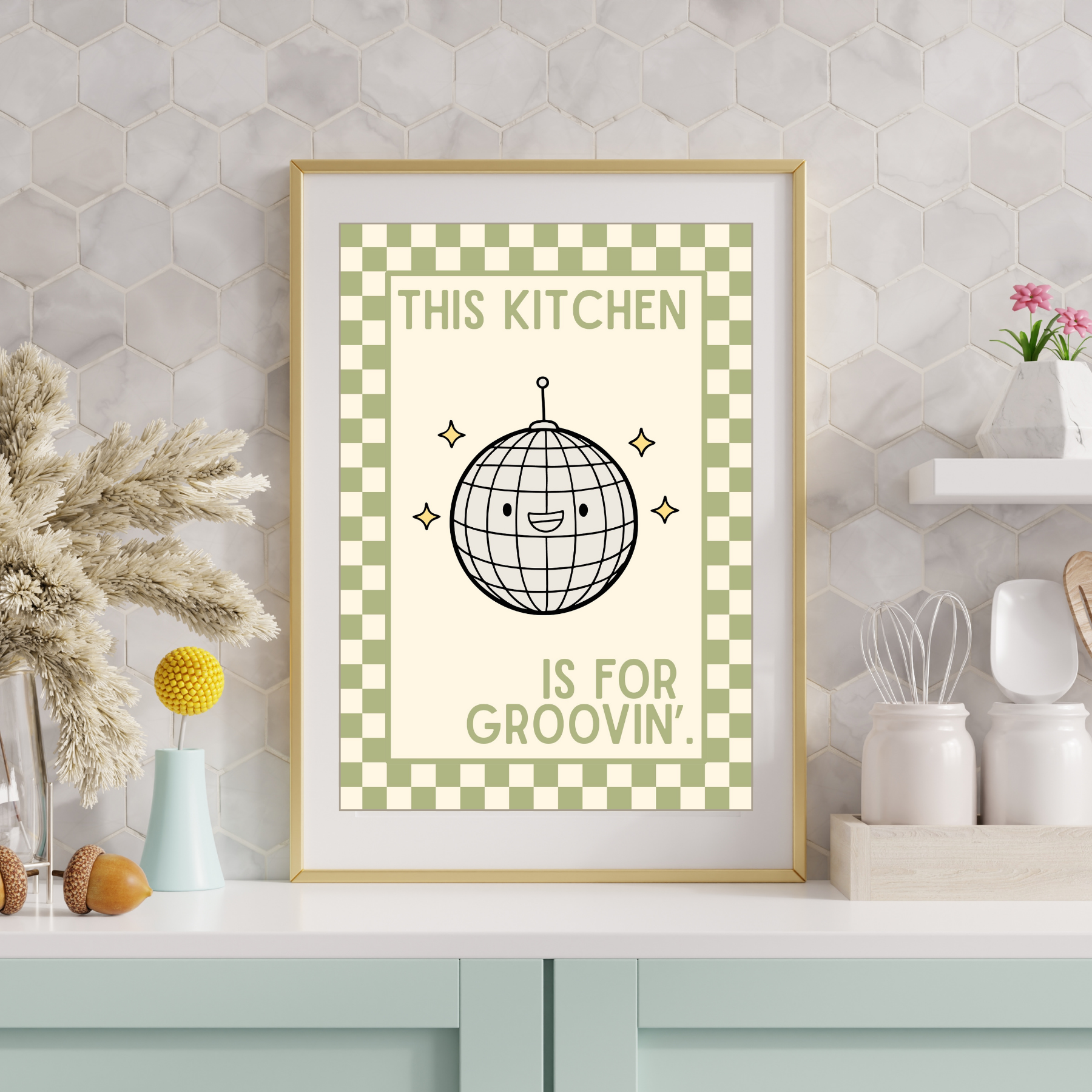 Kitchen is for groovin'| Kitsch Kitchen checkerboard pastels collection print