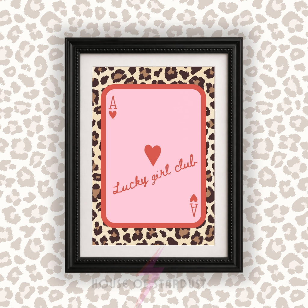 Lucky Girl Club Wall Art Print | Ace of Hearts Playing Card Poster | Coquette Decor | Lucky Girl Syndrome Wall Art | Leopard Print Feminine Decor | Dopamine walls A4 A3 A5 A1 A2