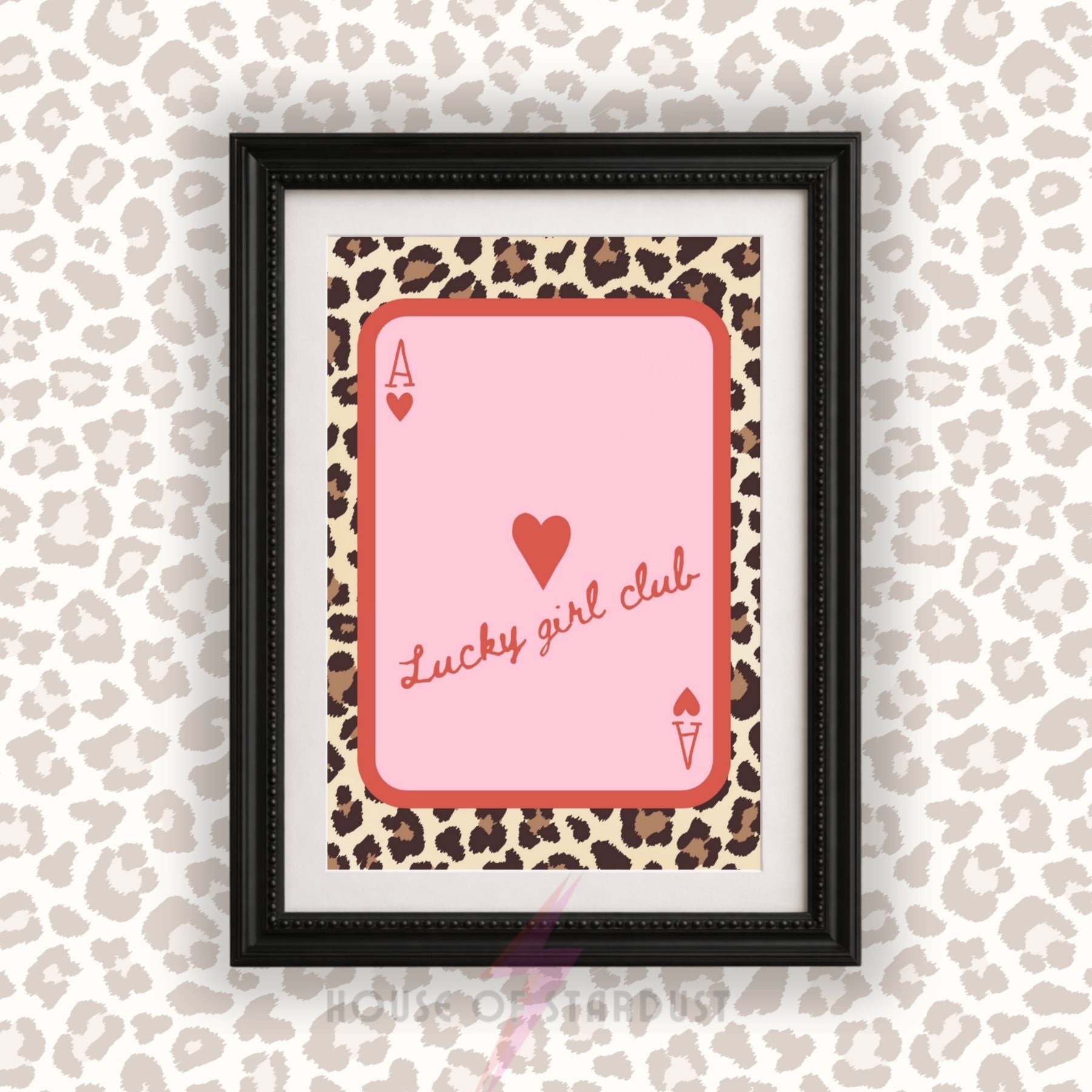 Lucky Girl Club Wall Art Print | Ace of Hearts Playing Card Poster | Coquette Decor | Lucky Girl Syndrome Wall Art | Leopard Print Feminine Decor | Dopamine walls A4 A3 A5 A1 A2