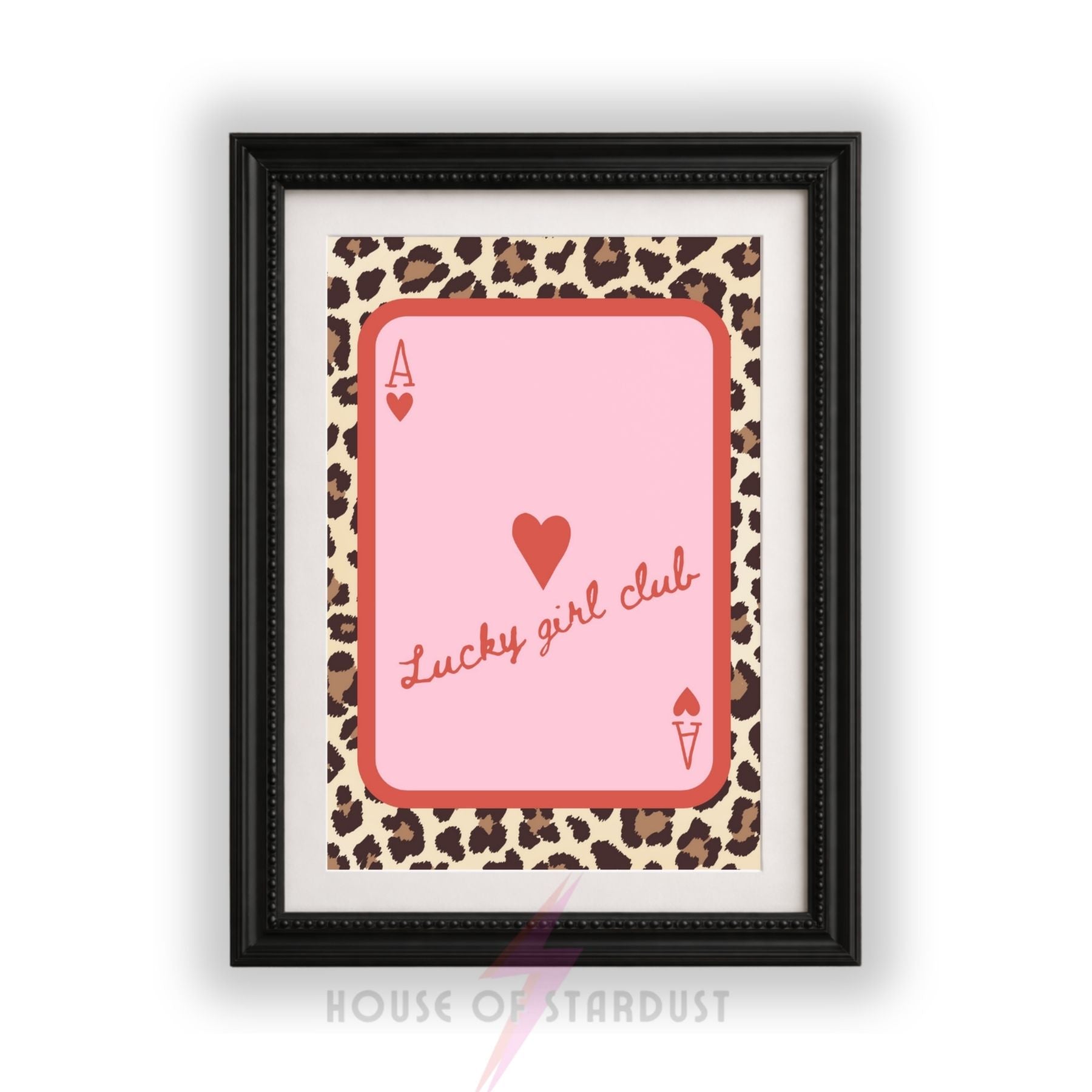 Lucky Girl Club Wall Art Print | Ace of Hearts Playing Card Poster | Coquette Decor | Lucky Girl Syndrome Wall Art | Leopard Print Feminine Decor | Dopamine walls A4 A3 A5 A1 A2