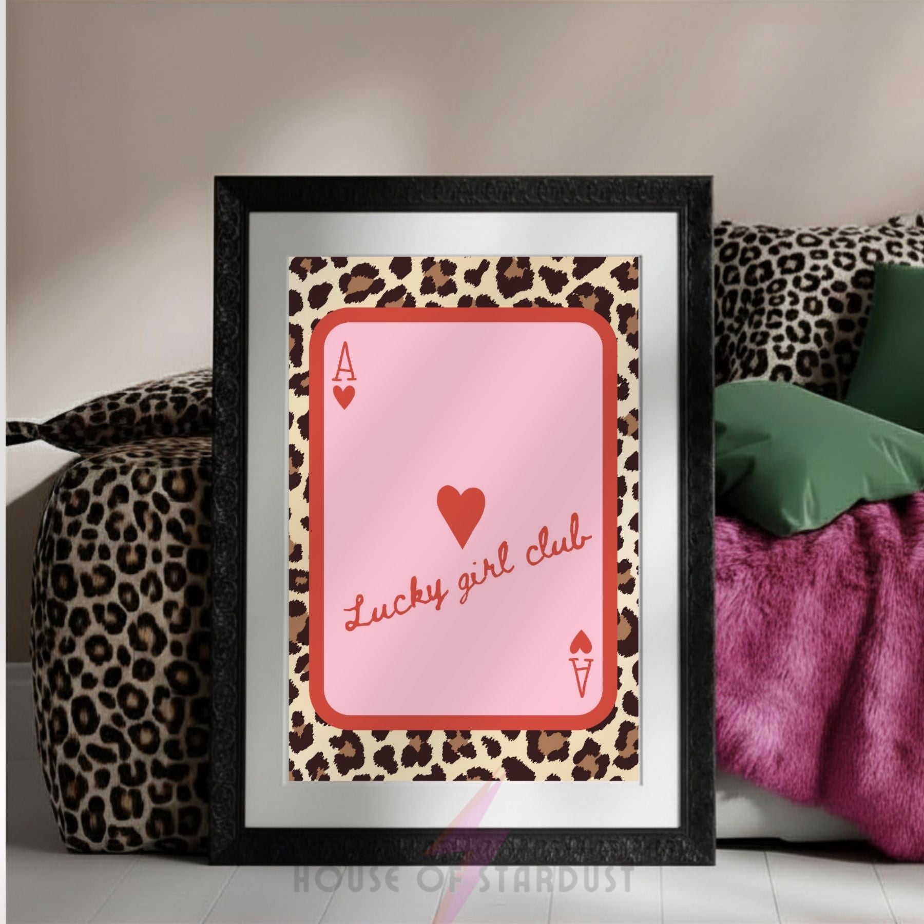 Lucky Girl Club Wall Art Print | Ace of Hearts Playing Card Poster | Coquette Decor | Lucky Girl Syndrome Wall Art | Leopard Print Feminine Decor | Dopamine walls A4 A3 A5 A1 A2