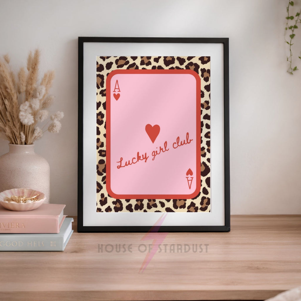 Lucky Girl Club Wall Art Print | Ace of Hearts Playing Card Poster | Coquette Decor | Lucky Girl Syndrome Wall Art | Leopard Print Feminine Decor | Dopamine walls A4 A3 A5 A1 A2