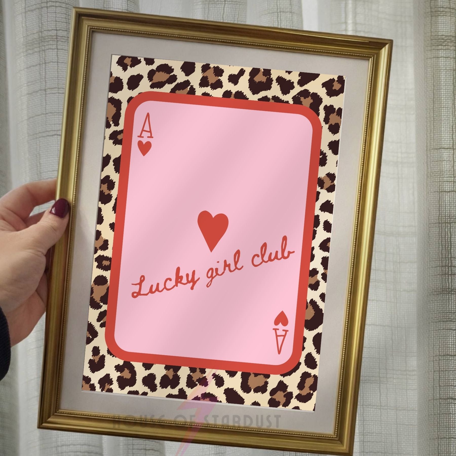Lucky Girl Club Wall Art Print | Ace of Hearts Playing Card Poster | Coquette Decor | Lucky Girl Syndrome Wall Art | Leopard Print Feminine Decor | Dopamine walls A4 A3 A5 A1 A2