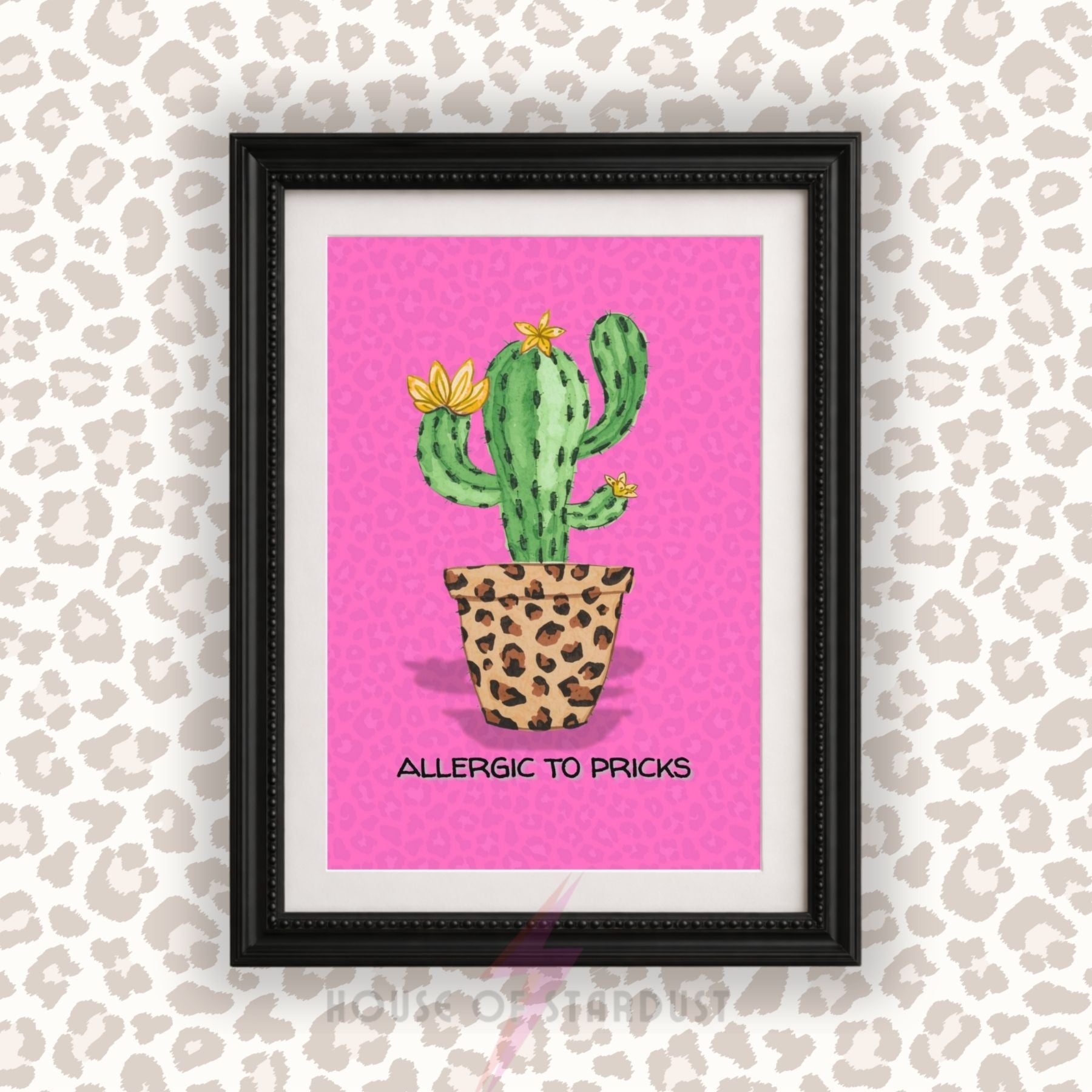 Funny Cactus Wall Art Print | Allergic To Pricks Poster | Pink Leopard Print Decor | Sassy Quote Artwork | Maximalist Home Decor A4 A3 A5 A1 A2