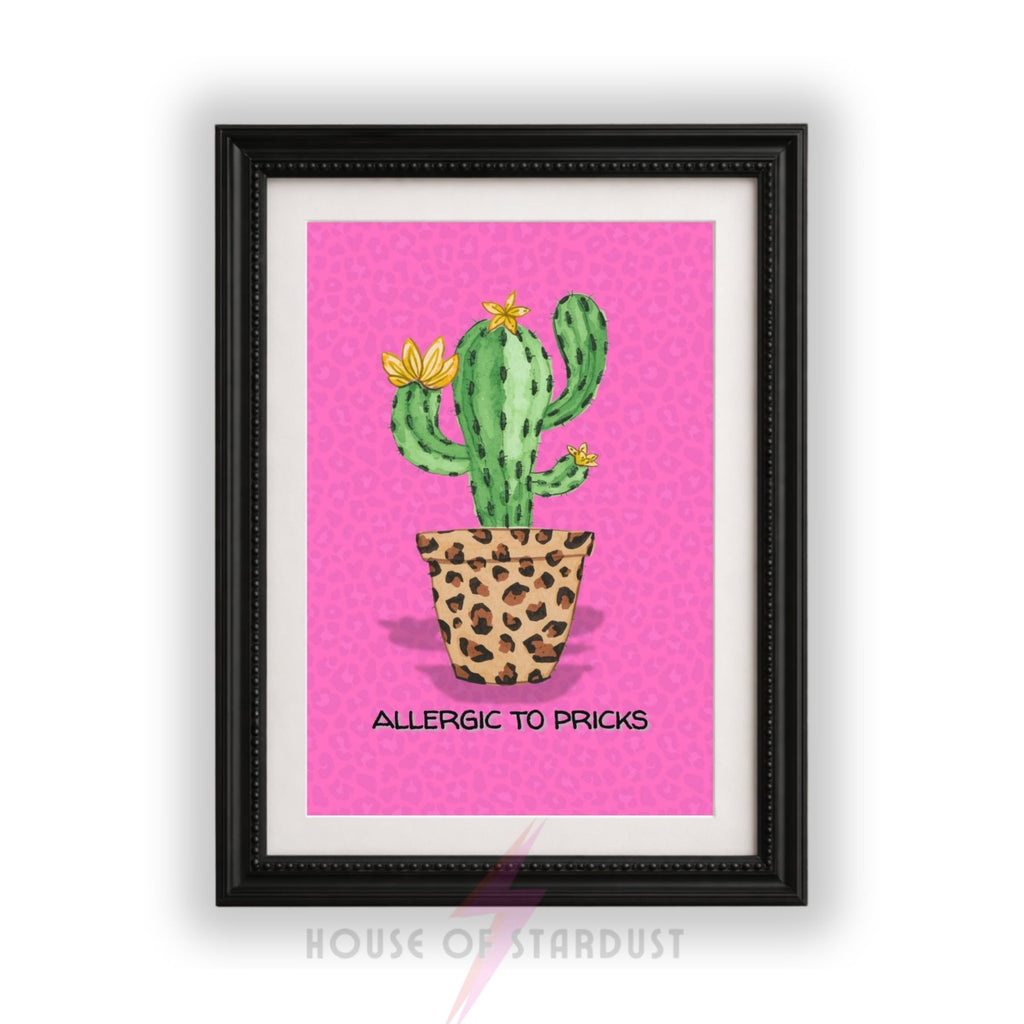 Funny Cactus Wall Art Print | Allergic To Pricks Poster | Pink Leopard Print Decor | Sassy Quote Artwork | Maximalist Home Decor A4 A3 A5 A1 A2