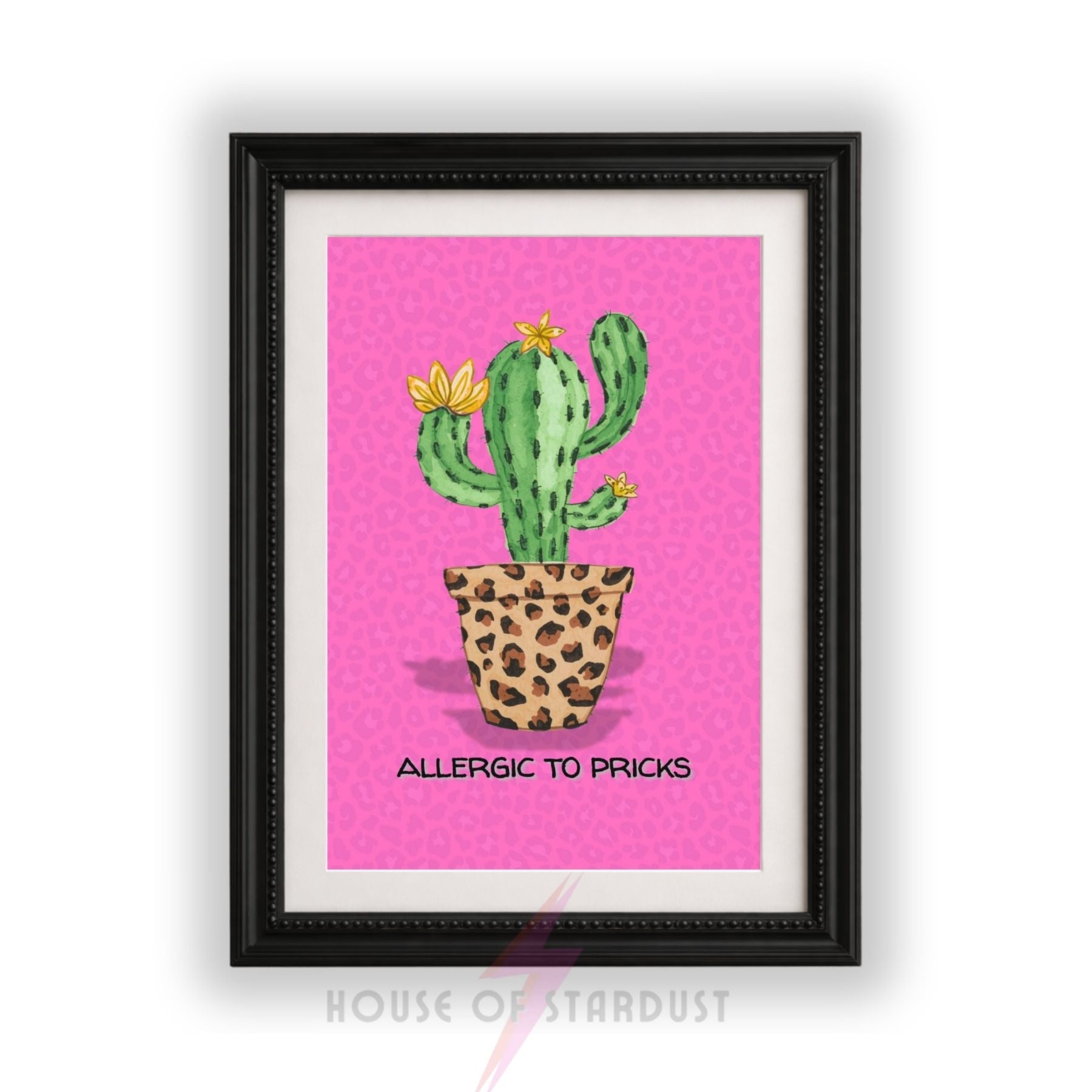 Funny Cactus Wall Art Print | Allergic To Pricks Poster | Pink Leopard Print Decor | Sassy Quote Artwork | Maximalist Home Decor A4 A3 A5 A1 A2
