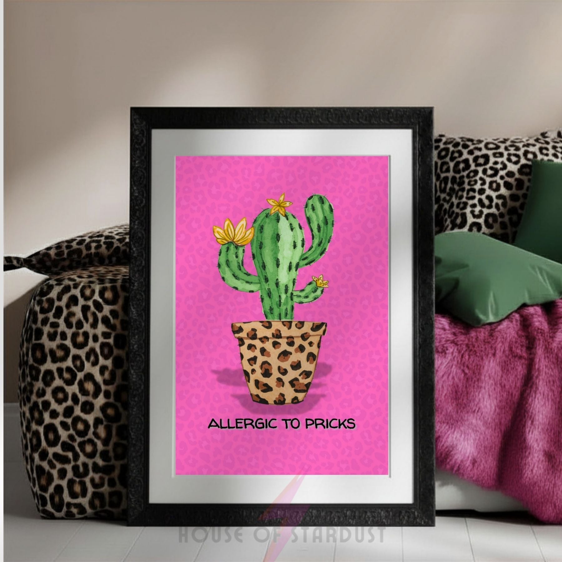 Funny Cactus Wall Art Print | Allergic To Pricks Poster | Pink Leopard Print Decor | Sassy Quote Artwork | Maximalist Home Decor A4 A3 A5 A1 A2