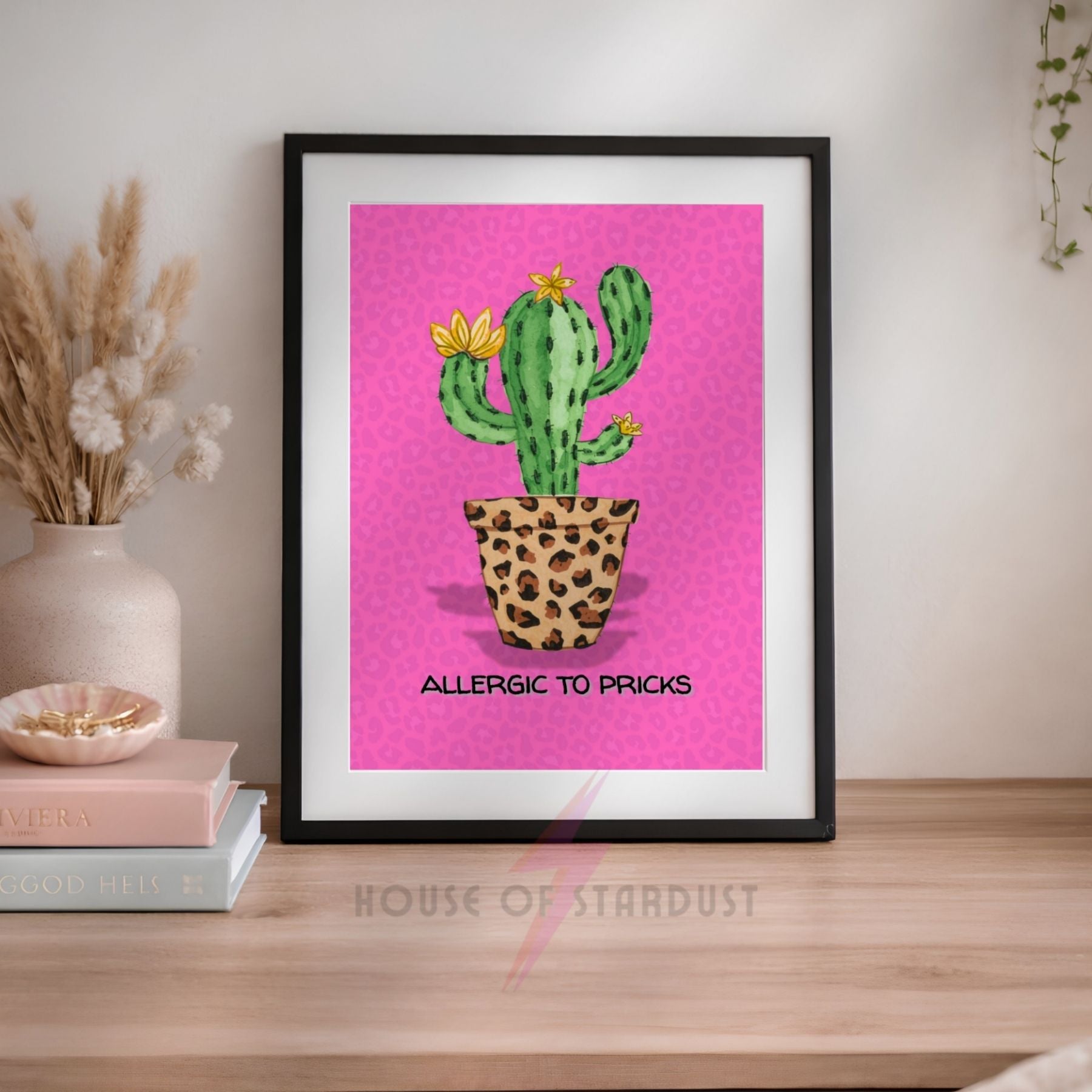 Funny Cactus Wall Art Print | Allergic To Pricks Poster | Pink Leopard Print Decor | Sassy Quote Artwork | Maximalist Home Decor A4 A3 A5 A1 A2