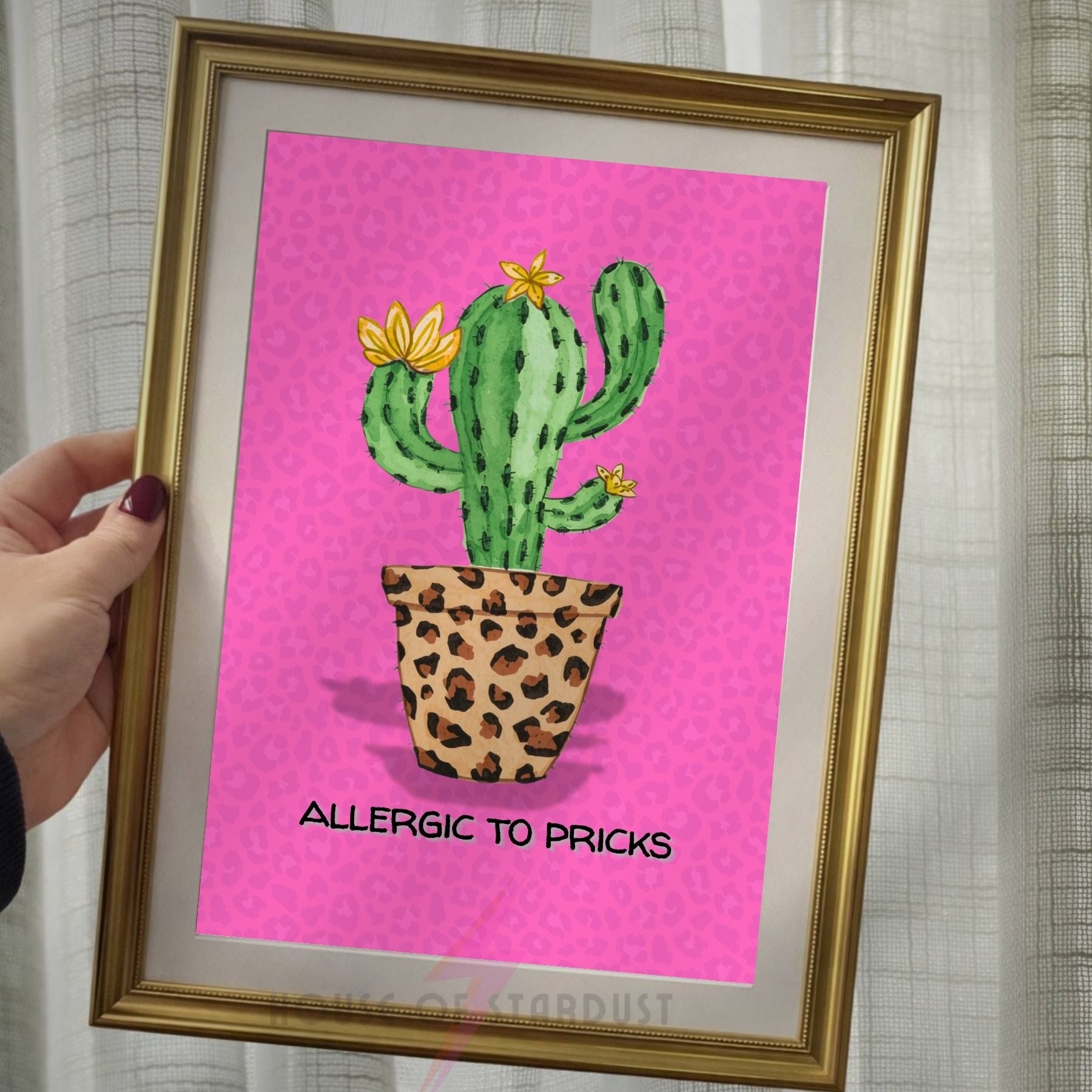 Funny Cactus Wall Art Print | Allergic To Pricks Poster | Pink Leopard Print Decor | Sassy Quote Artwork | Maximalist Home Decor A4 A3 A5 A1 A2