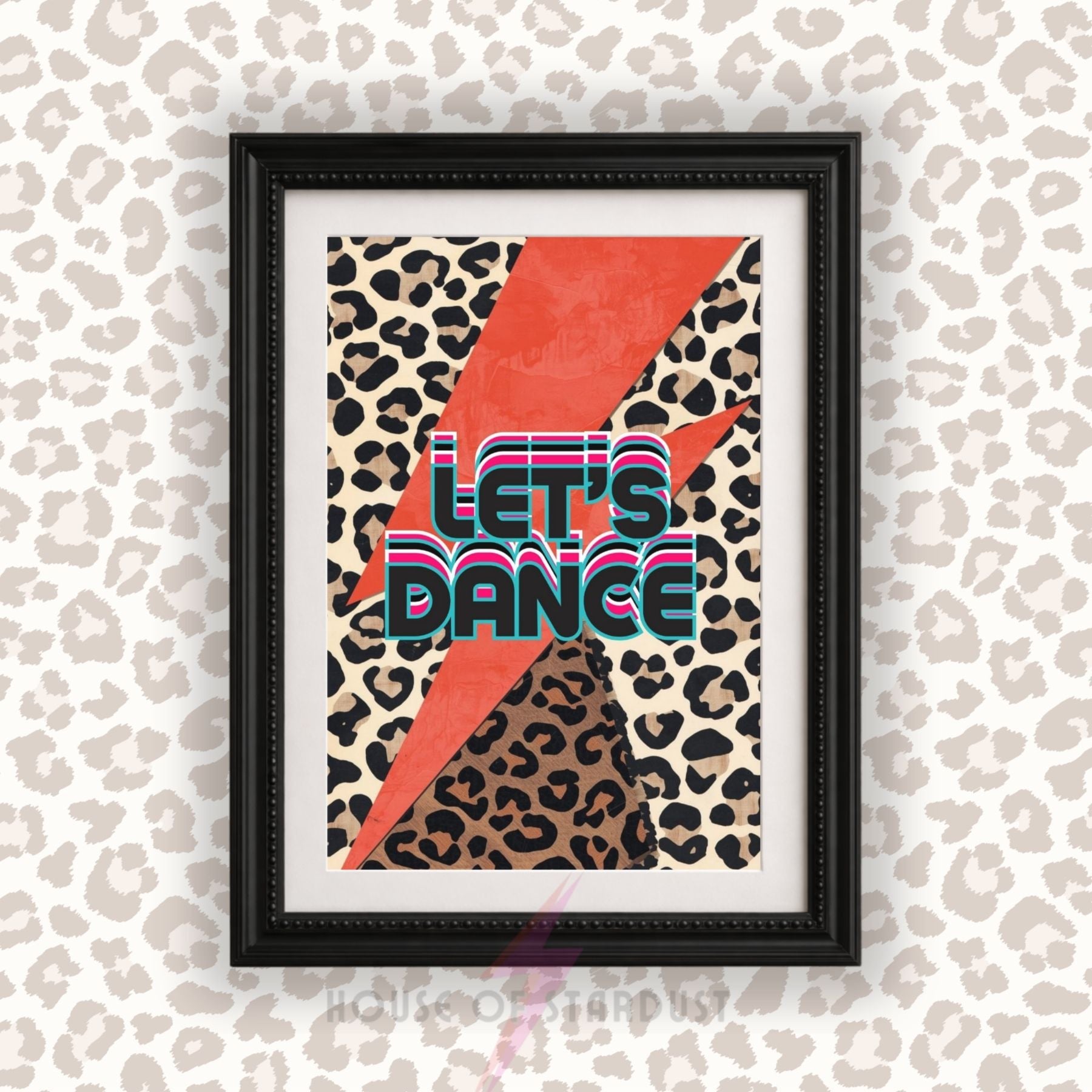 Let's Dance Wall Art Print | Retro Leopard Print Poster | bowie Glam Rock Inspired Lightning Bolt Decor | Maximalist Music Room Art A4 A3 A5 A1 A2