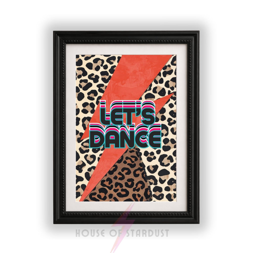 Let's Dance Wall Art Print | Retro Leopard Print Poster | bowie Glam Rock Inspired Lightning Bolt Decor | Maximalist Music Room Art A4 A3 A5 A1 A2