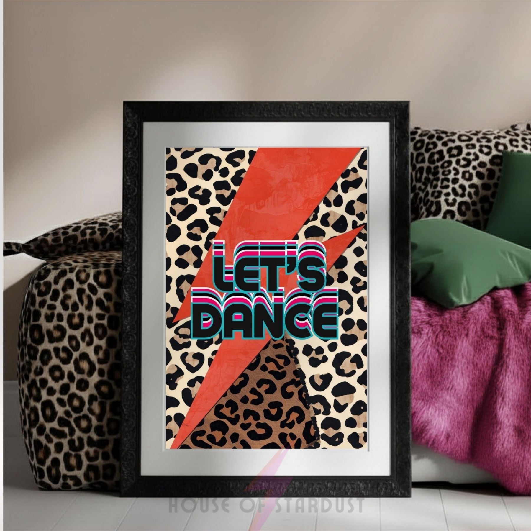 Let's Dance Wall Art Print | Retro Leopard Print Poster | bowie Glam Rock Inspired Lightning Bolt Decor | Maximalist Music Room Art A4 A3 A5 A1 A2