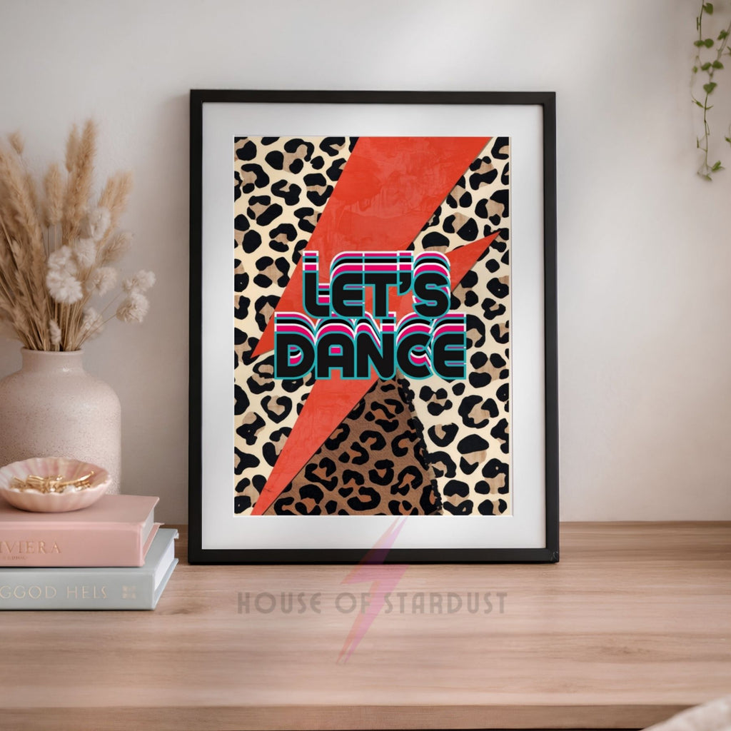 Let's Dance Wall Art Print | Retro Leopard Print Poster | bowie Glam Rock Inspired Lightning Bolt Decor | Maximalist Music Room Art A4 A3 A5 A1 A2