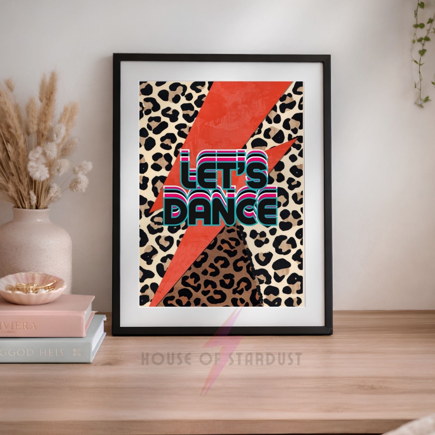 Let's Dance Wall Art Print | Retro Leopard Print Poster | bowie Glam Rock Inspired Lightning Bolt Decor | Maximalist Music Room Art A4 A3 A5 A1 A2