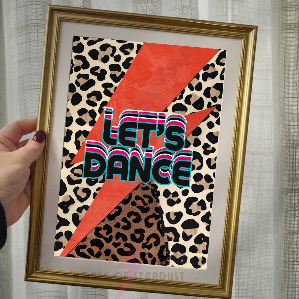Let's Dance Wall Art Print | Retro Leopard Print Poster | bowie Glam Rock Inspired Lightning Bolt Decor | Maximalist Music Room Art A4 A3 A5 A1 A2