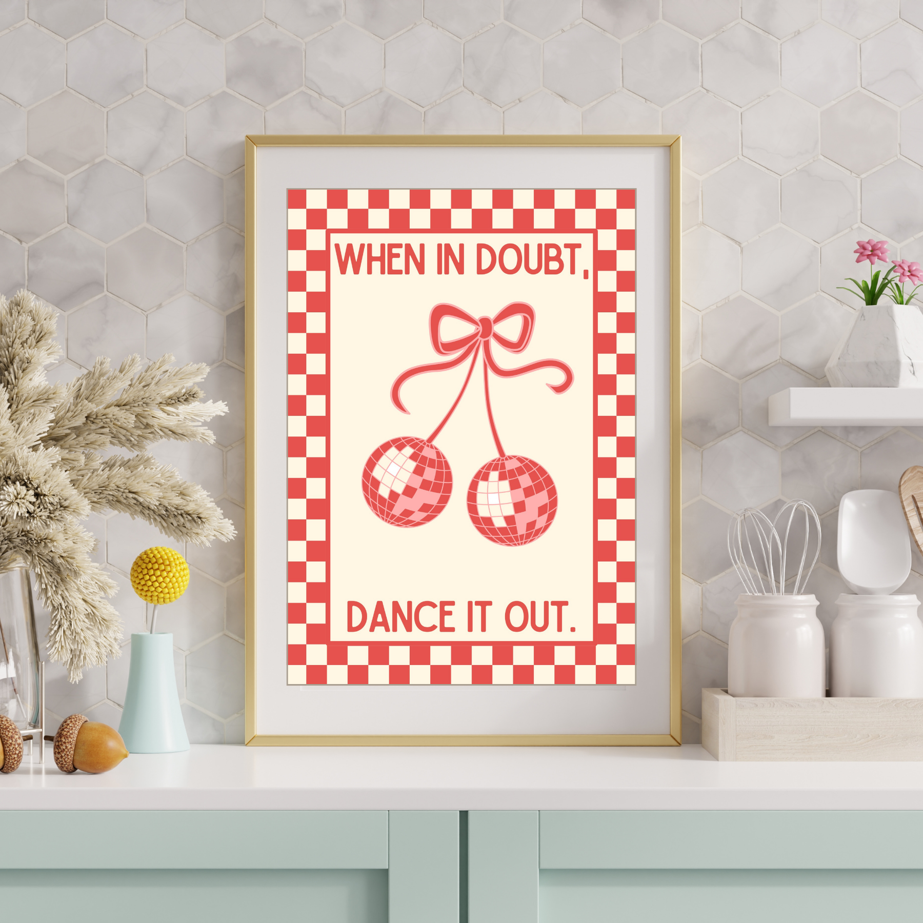 When in doubt, dance it out | Kitsch Kitchen checkerboard pastels collection print