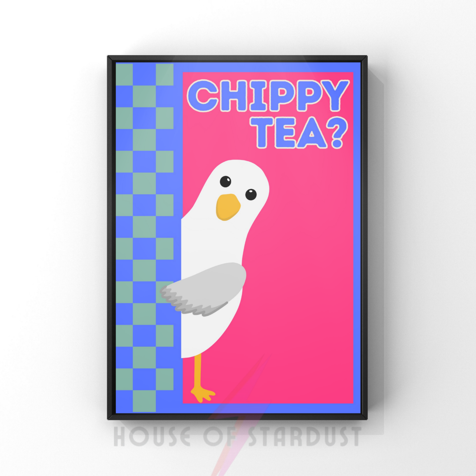 chippy tea? Bright pink | Funny seagull kitchen print