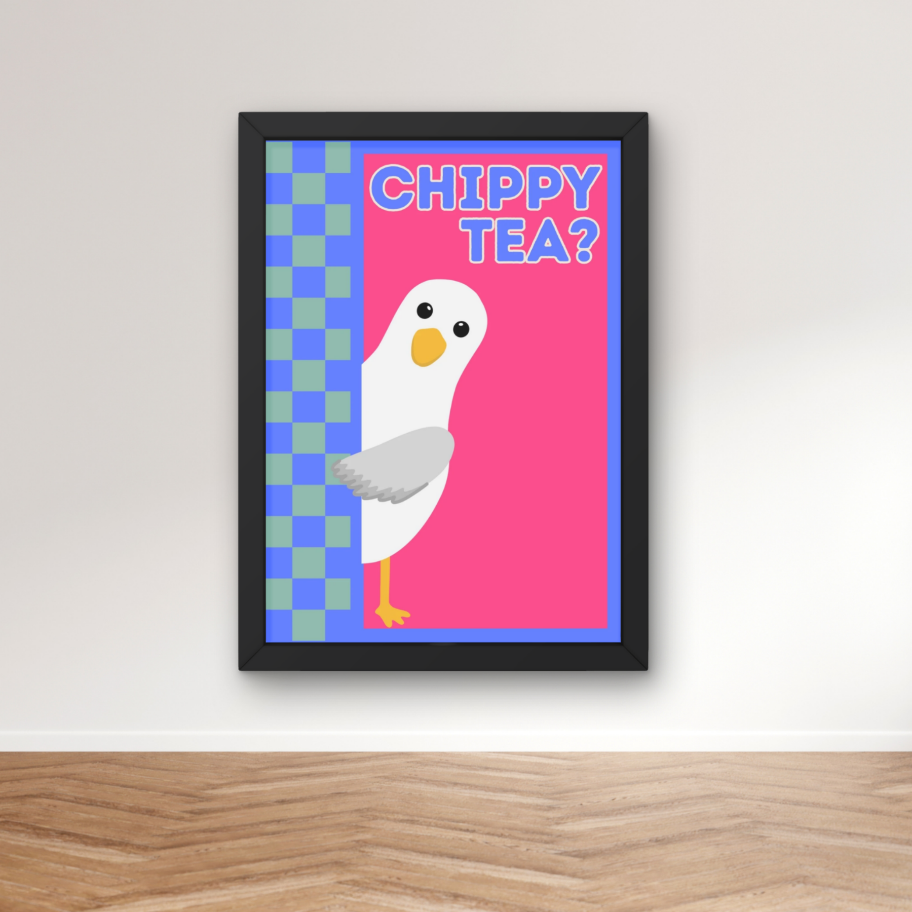 chippy tea? Bright pink | Funny seagull kitchen print