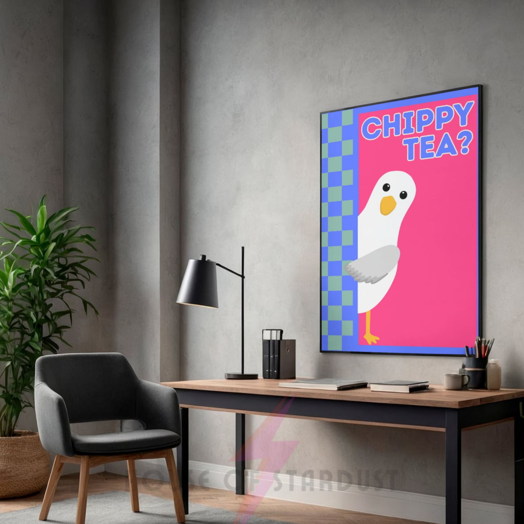 chippy tea? Bright pink | Funny seagull kitchen print