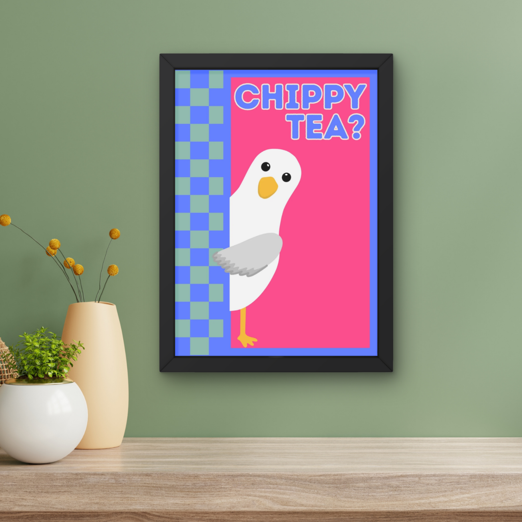 chippy tea? Bright pink | Funny seagull kitchen print