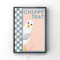 chippy tea? peach and blue | Funny seagull kitchen print