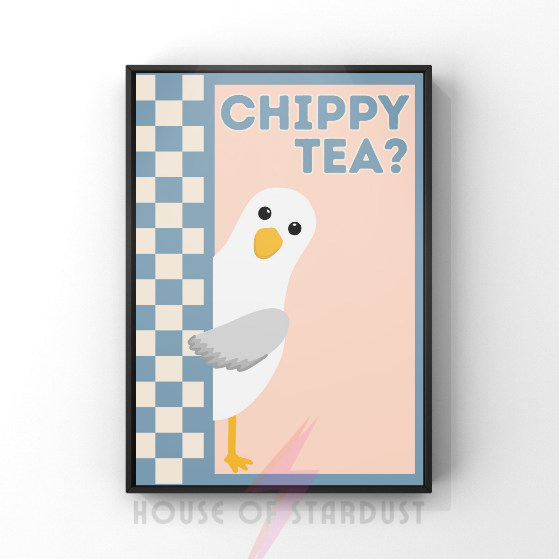 chippy tea? peach and blue | Funny seagull kitchen print