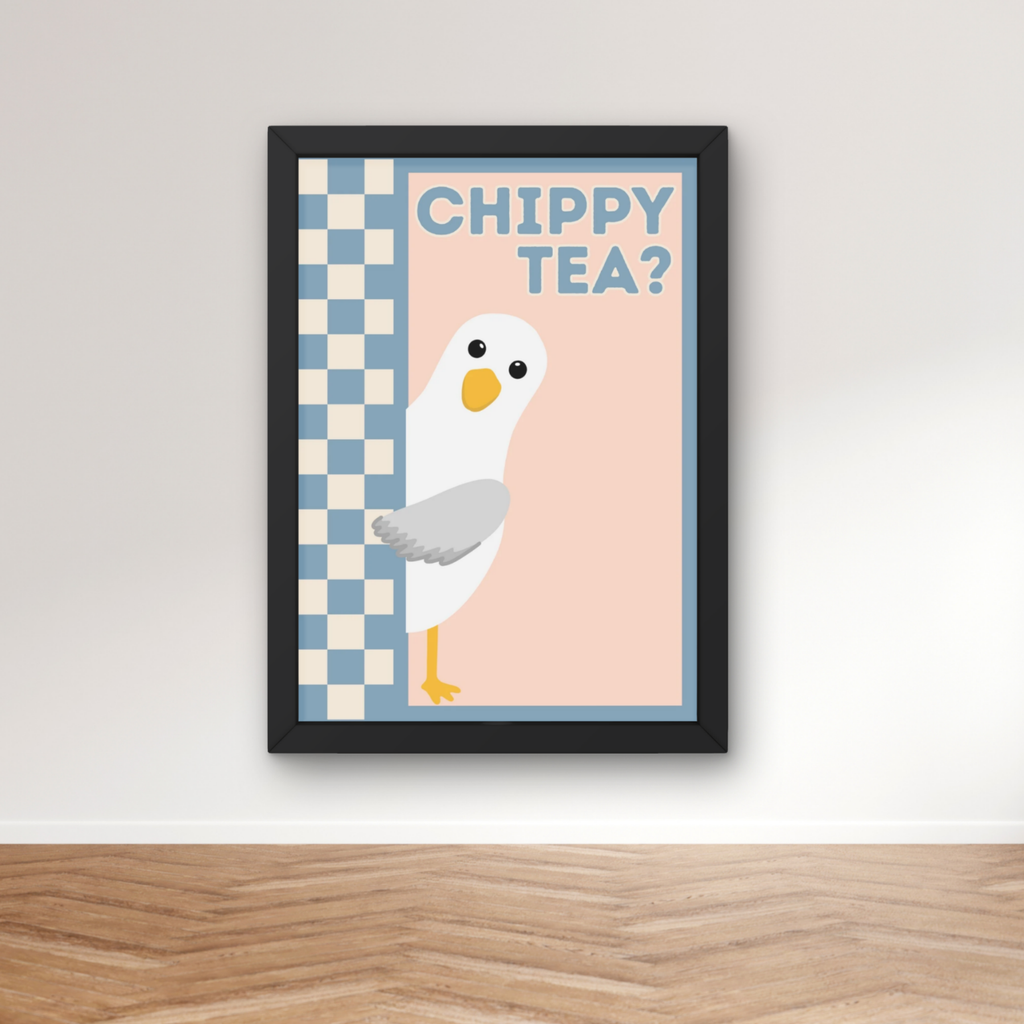 chippy tea? peach and blue | Funny seagull kitchen print