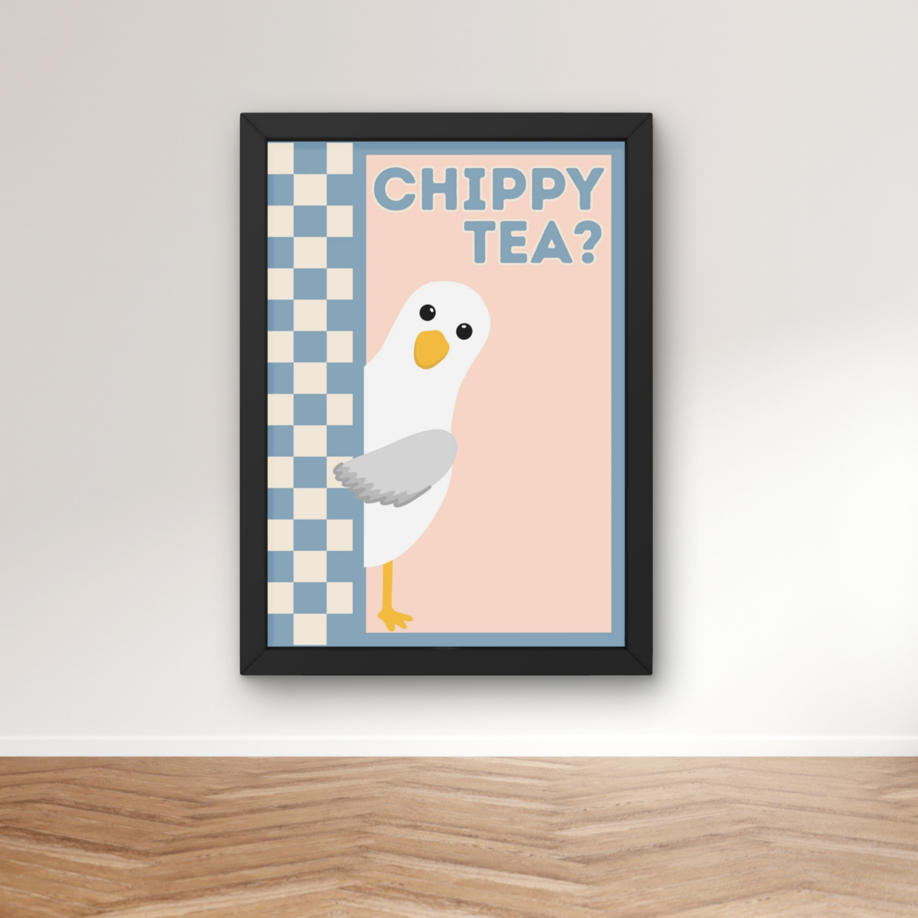 chippy tea? peach and blue | Funny seagull kitchen print