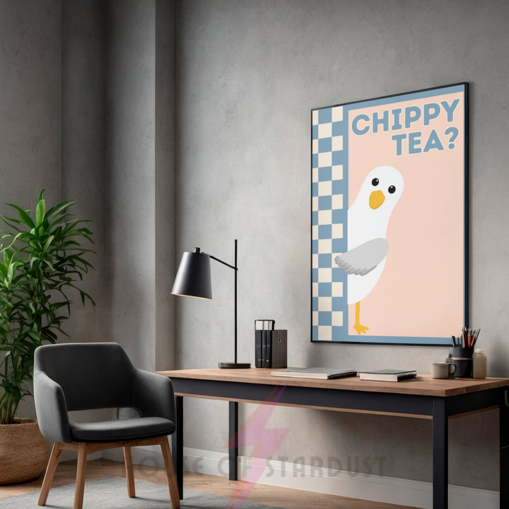 chippy tea? peach and blue | Funny seagull kitchen print