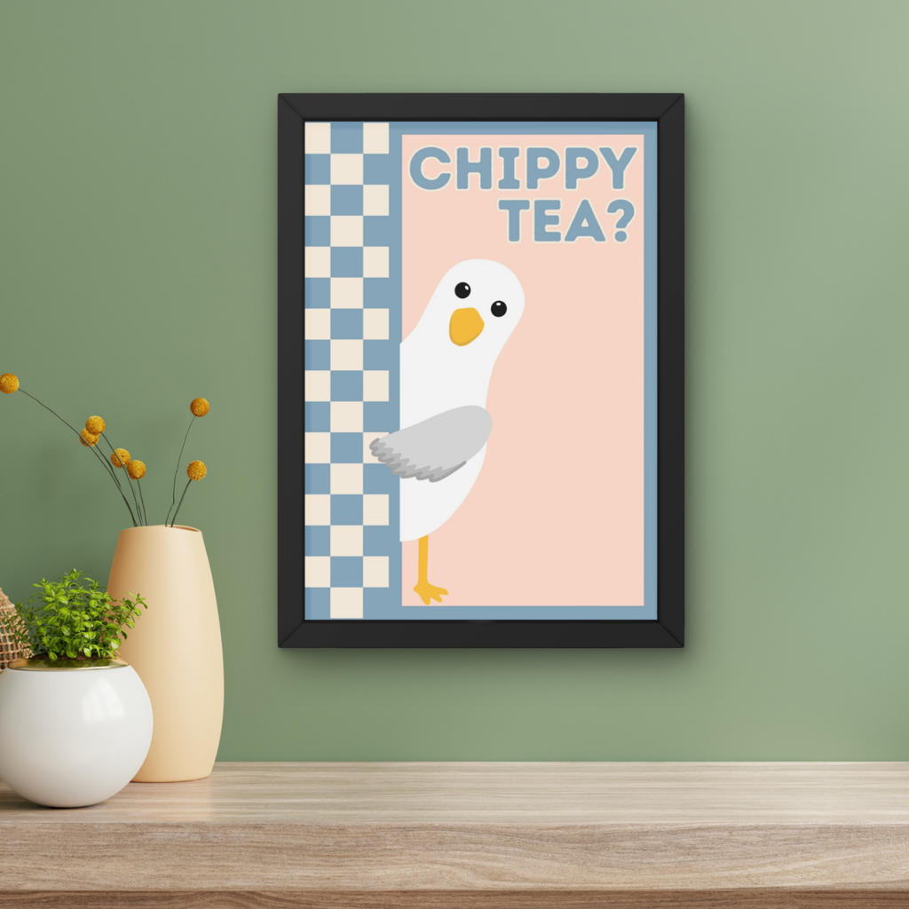 chippy tea? peach and blue | Funny seagull kitchen print