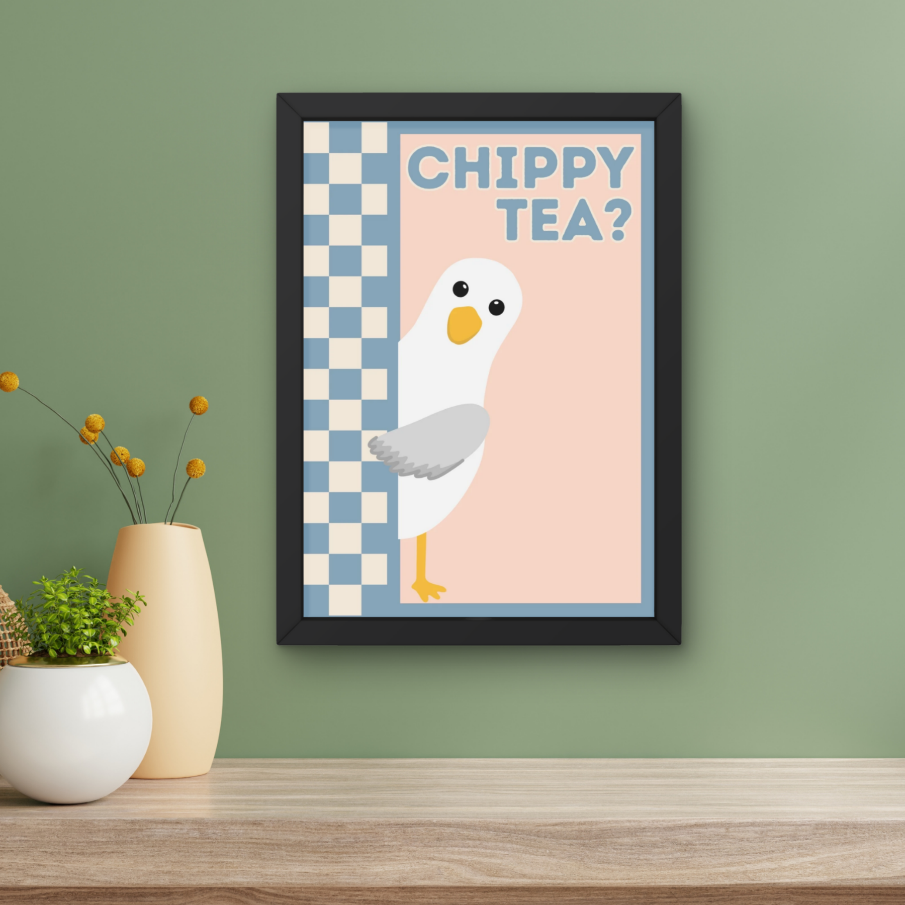 chippy tea? peach and blue | Funny seagull kitchen print