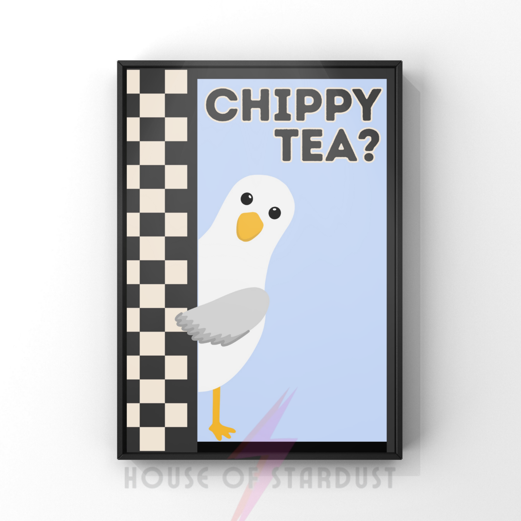chippy tea? blue & black  | Funny seagull kitchen print
