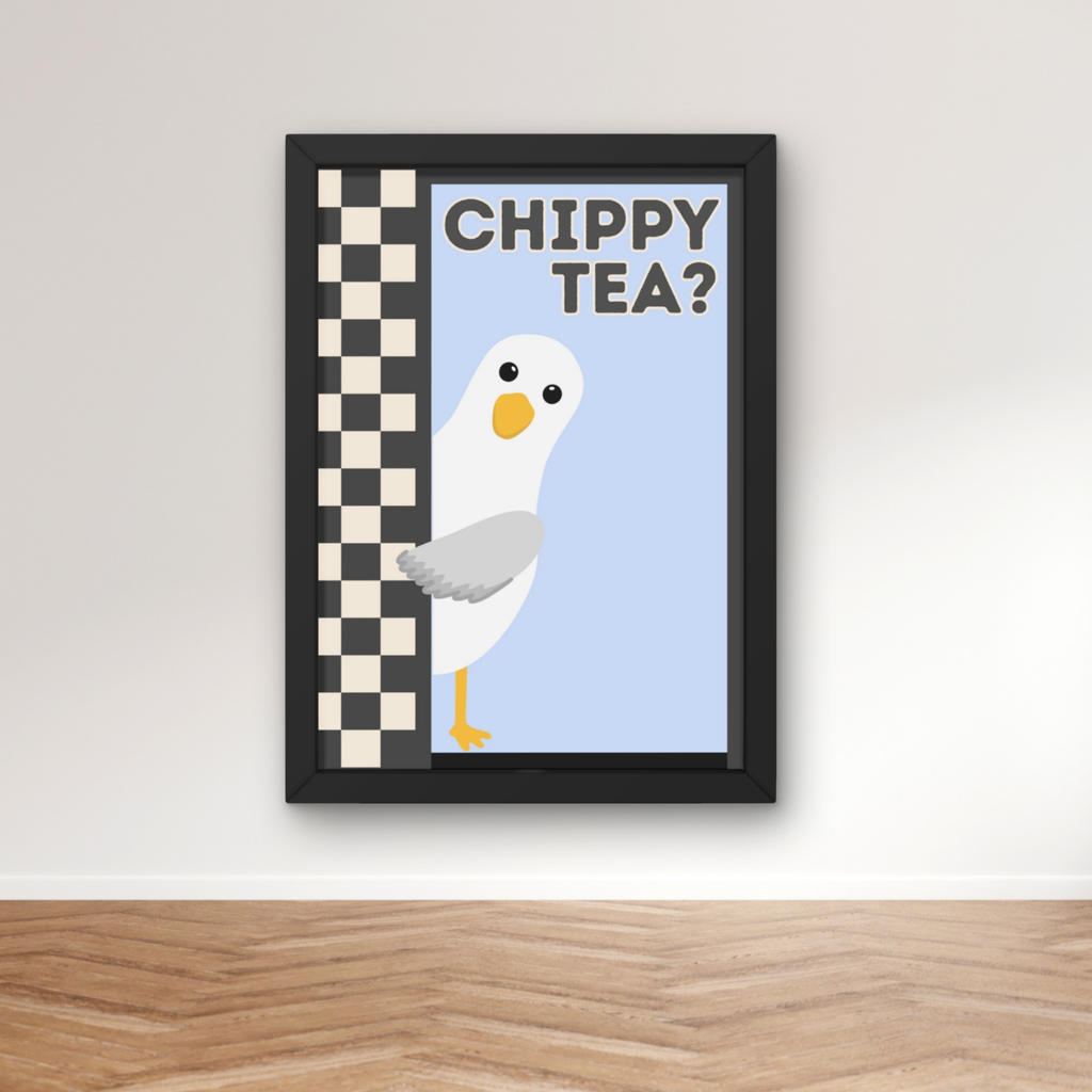 chippy tea? blue & black  | Funny seagull kitchen print