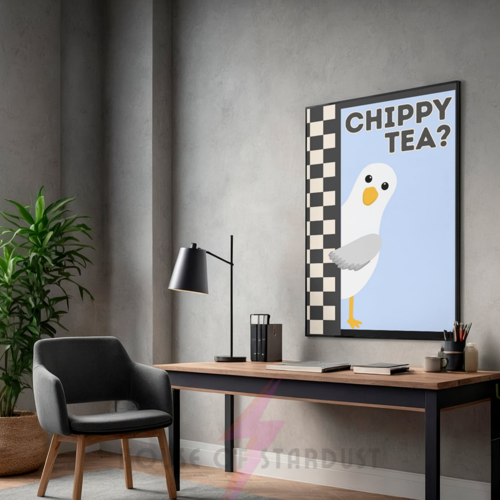 chippy tea? blue & black  | Funny seagull kitchen print