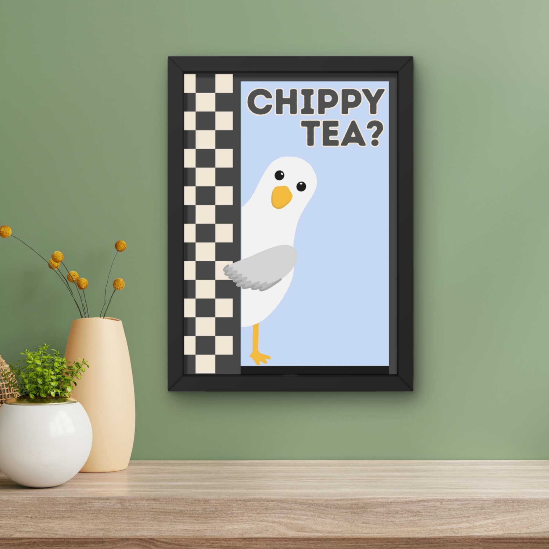 chippy tea? blue & black  | Funny seagull kitchen print
