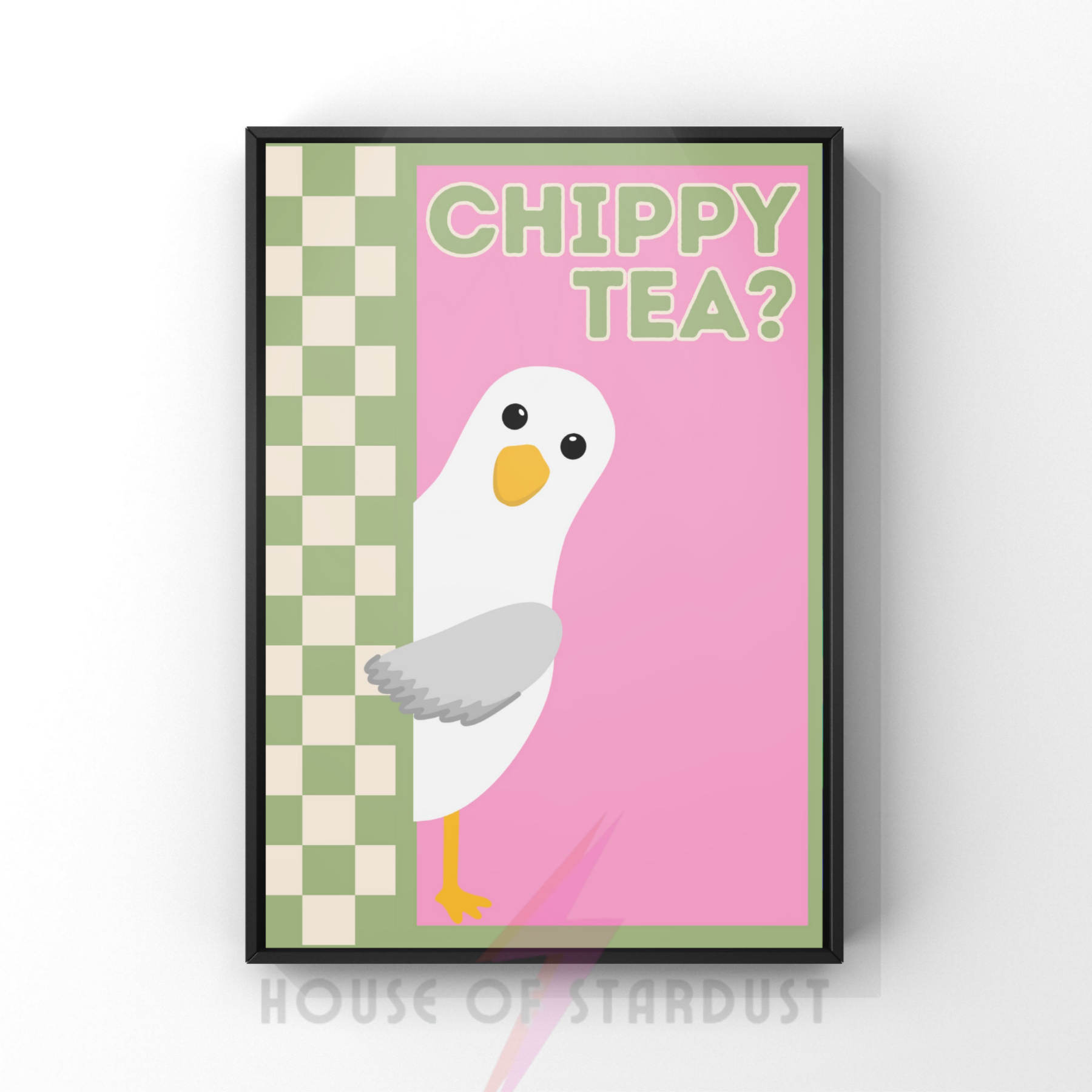 chippy tea? pink & sage | Funny seagull kitchen print